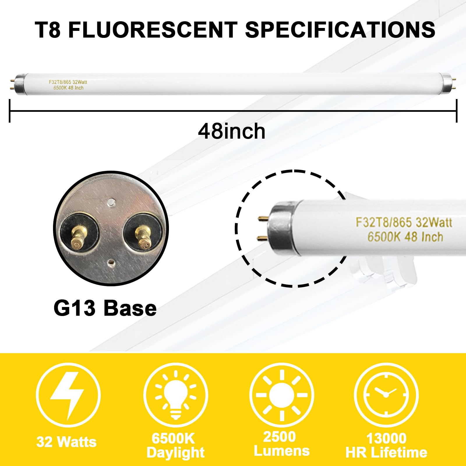 Konideke T8 Fluorescent Bulbs 4 Foot F32T8/865 32W 6500K Daylight 2500 Lumens G13 Base - 25 Pack,