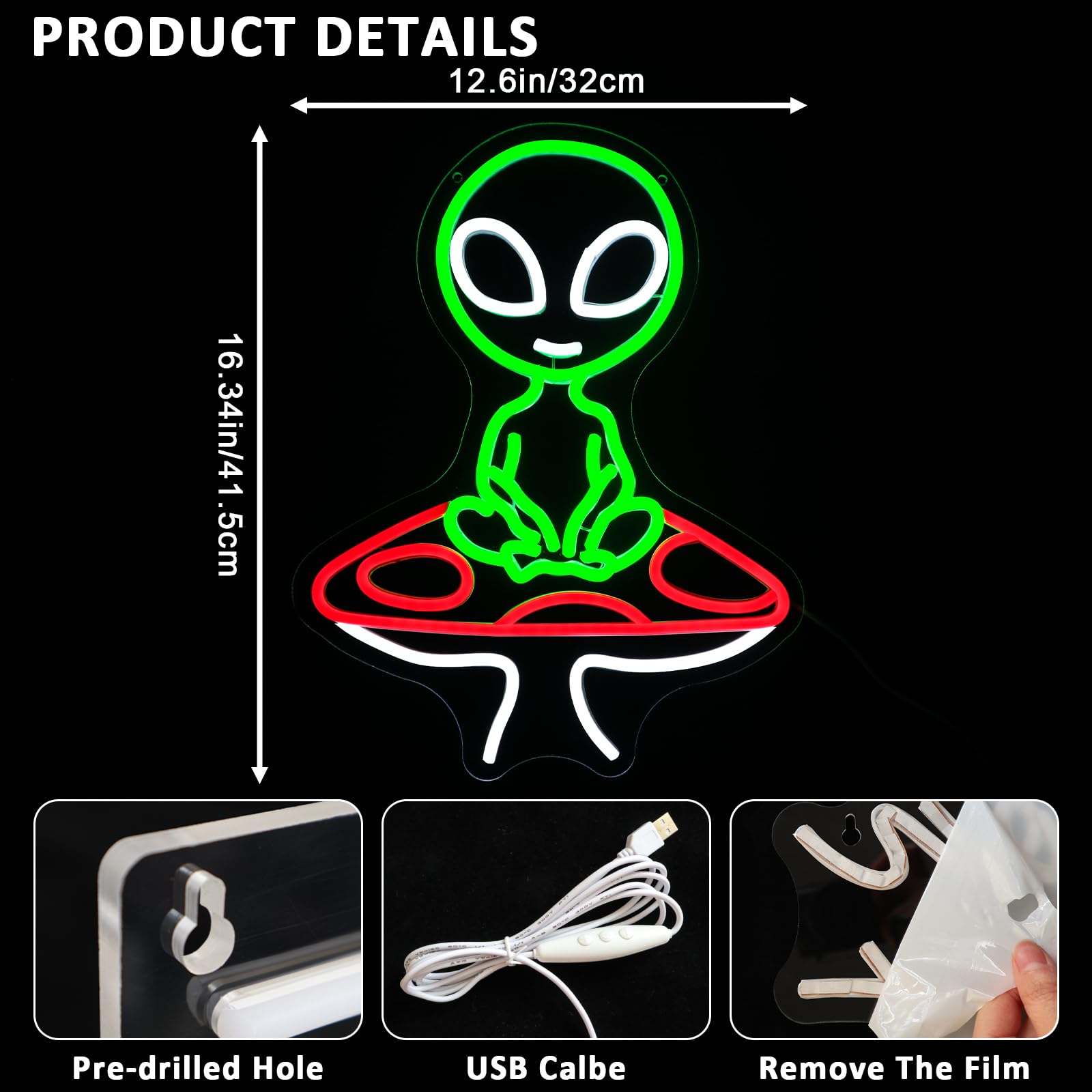 PMCVYH Neon Alien Sign, USB Dimmable Wall Decor, Acrylic, Green Red White, Model SYL-Mushroom Alien