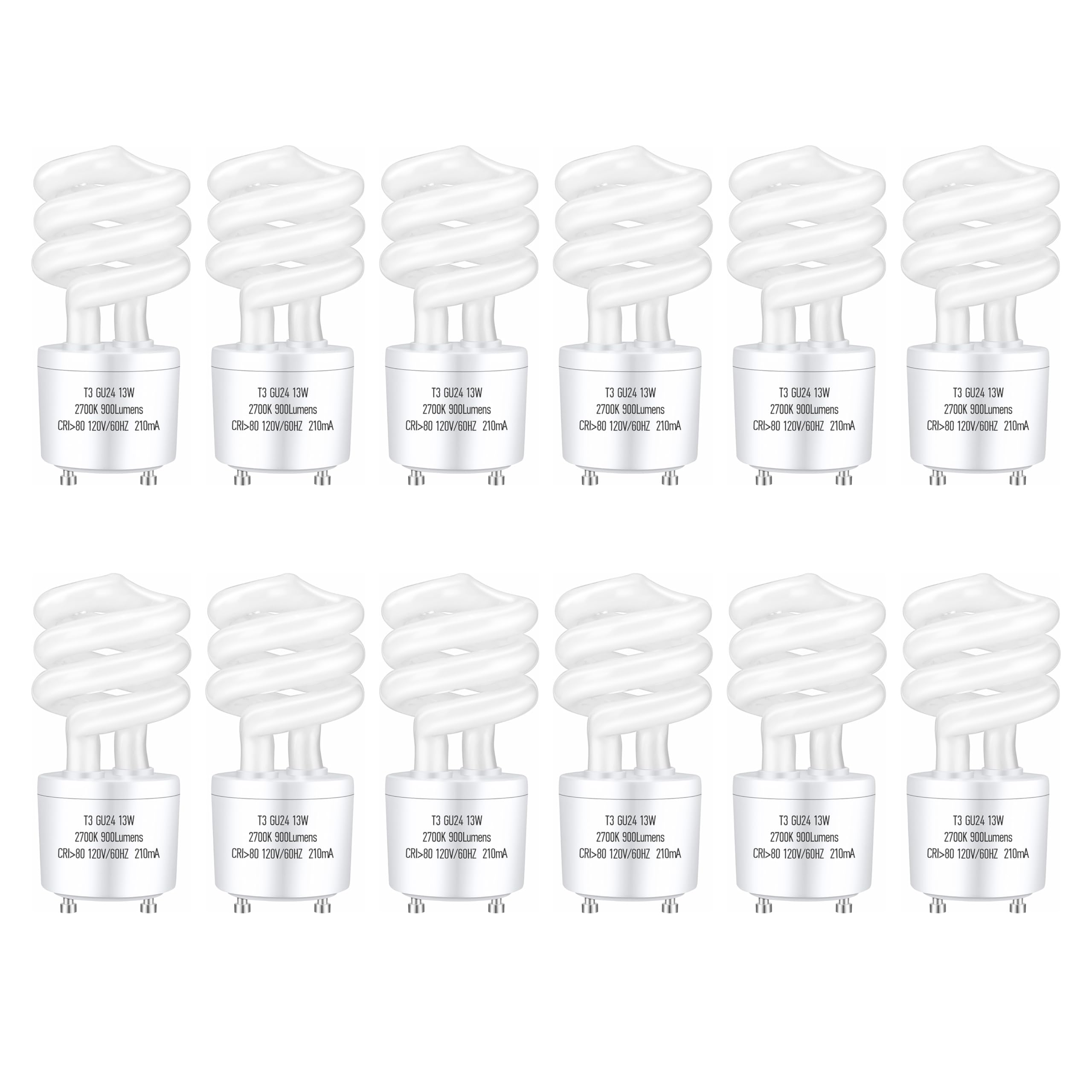UGOODIS GU24 13Watt 2700K 900lm CFL Light Bulbs  T3 Spiral Gu24 Base 2 Prong (60W Equivalent) Soft White Compact Fluorescent Light Bulbs  UL Approved  120v 60Hz  Self Ballasted  Indoor Use (12 Pack)