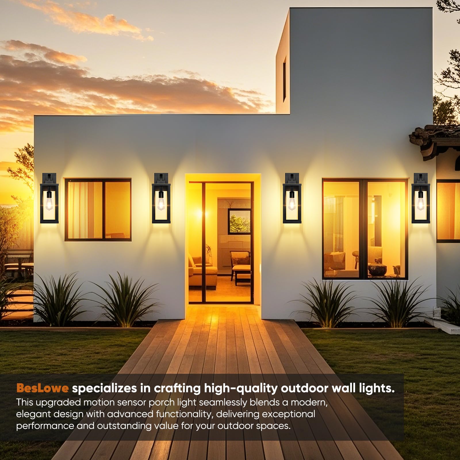 Beslowe 16  Upgraded Motion Sensor Outdoor Wall Lights  Dusk To Dawn Porch Lights Outdoor Wall Sconces  3 Lighting Modes Exterior Lighting Fixtures With Hooks  Bronze Outside Lights For House  2-Pack