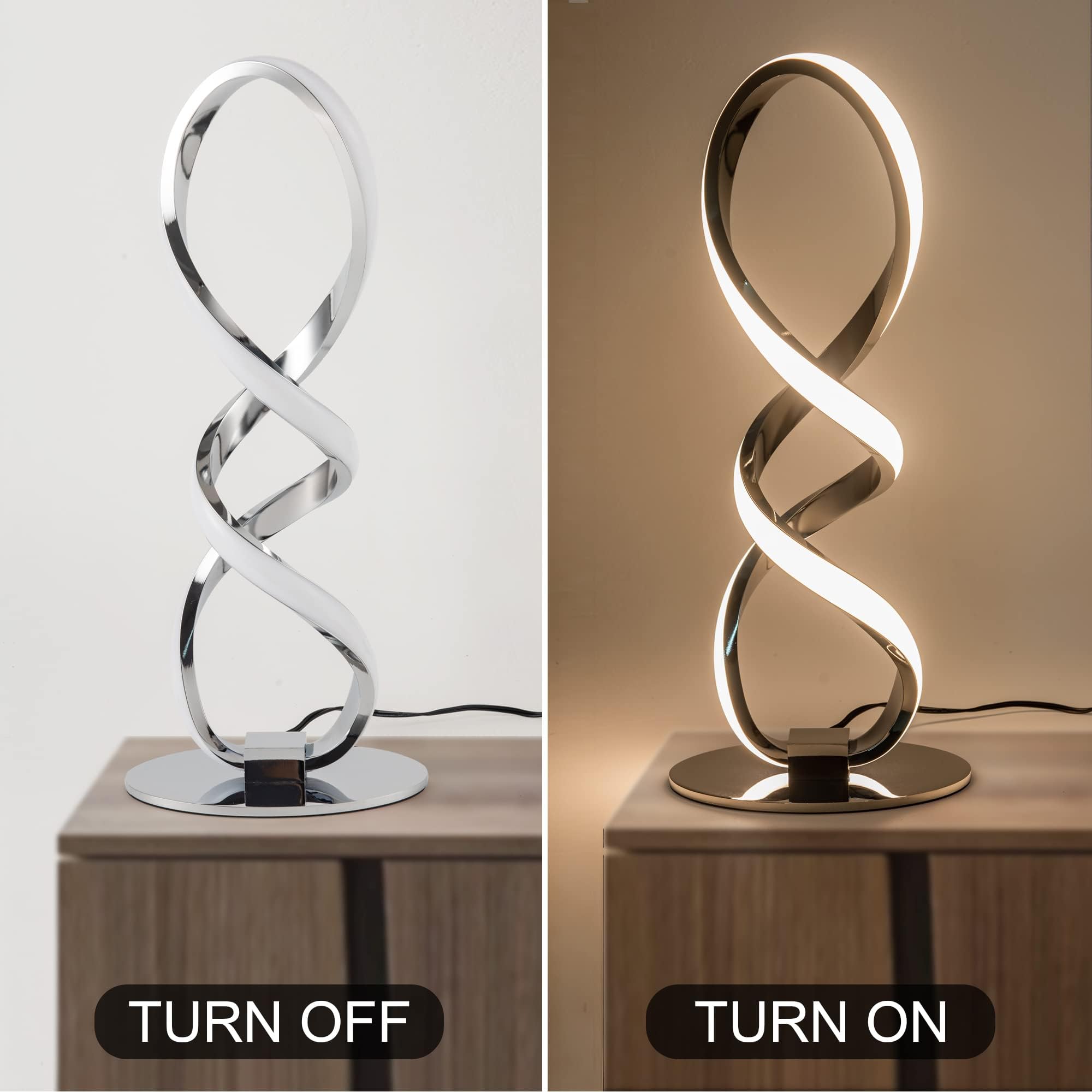 Adebime LED Spiral Bedside Table Lamp, Stepless Dimmable 12W, 3000K Warm White, Modern Nightstand Lamp, Sliver