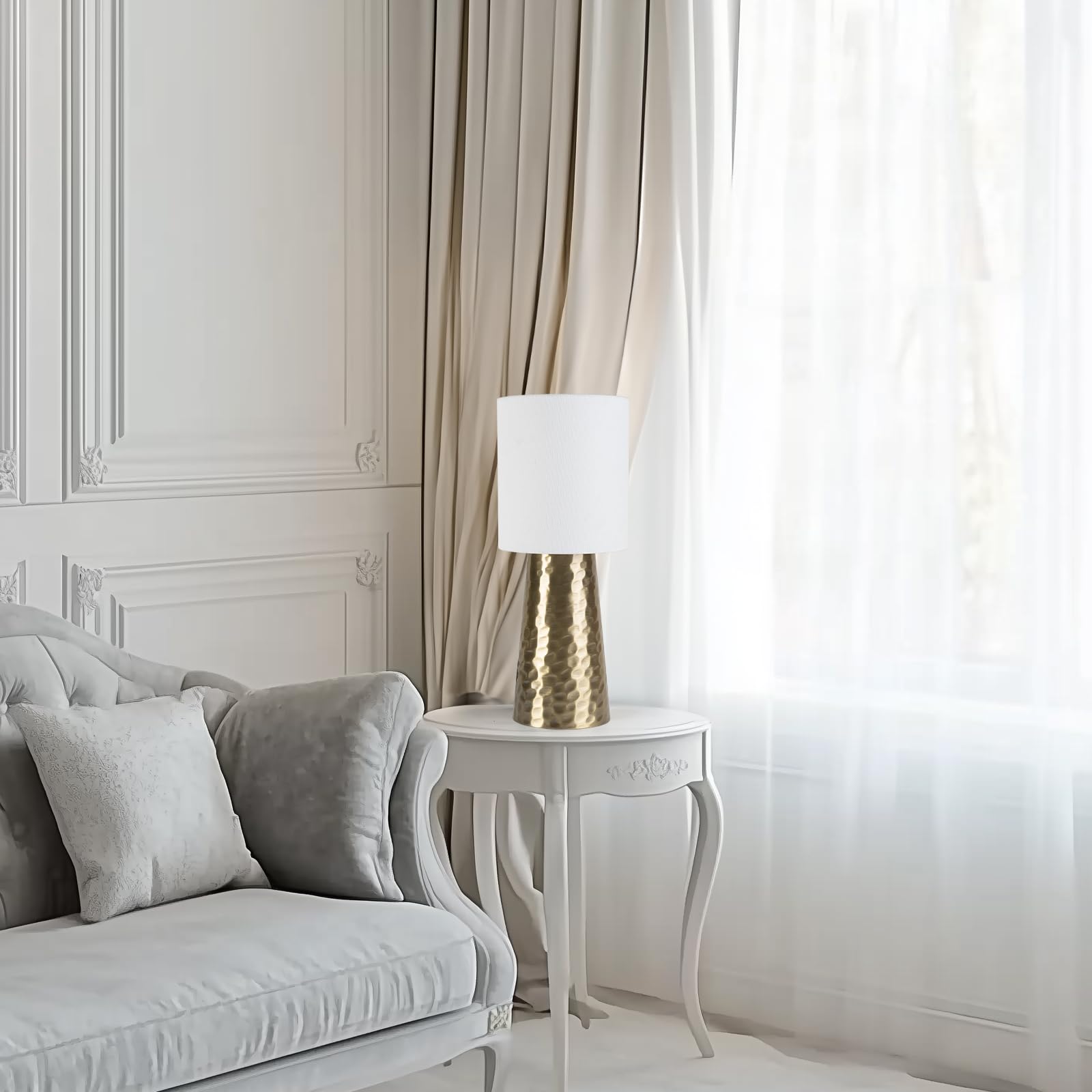 Qingjiamen Touch Control Table Lamp, 13in Small Mid Century Modern, Bronze Cylinder, Metal, Linen Shade, Model AT4101