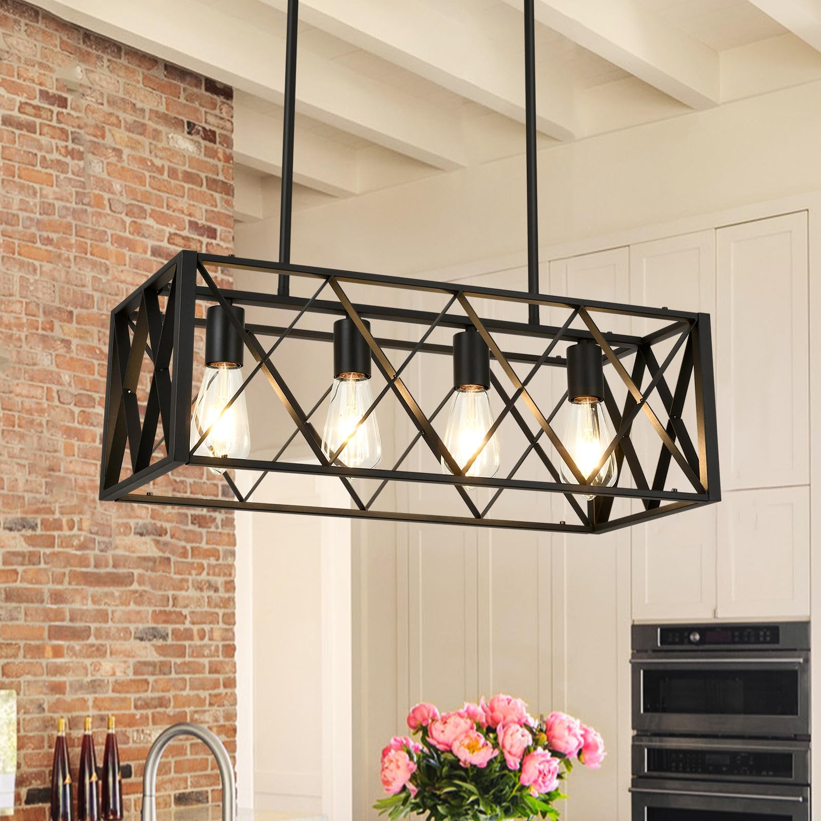 Pretoy Black Farmhouse Chandelier - 4-Light Iron Pendant Lighting for Dining Room & Kitchen Island, Model 00008-4
