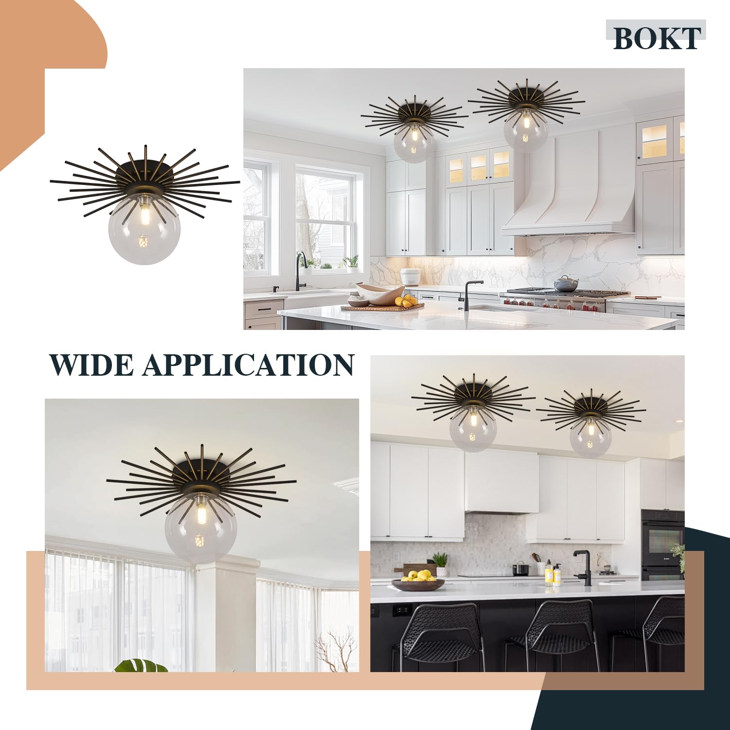Bokt Black Semi Flush Mount Ceiling Light - Small Clear Globe Glass Ceiling Fixture - Modern Mid Century Retro Ball Hallway Vint