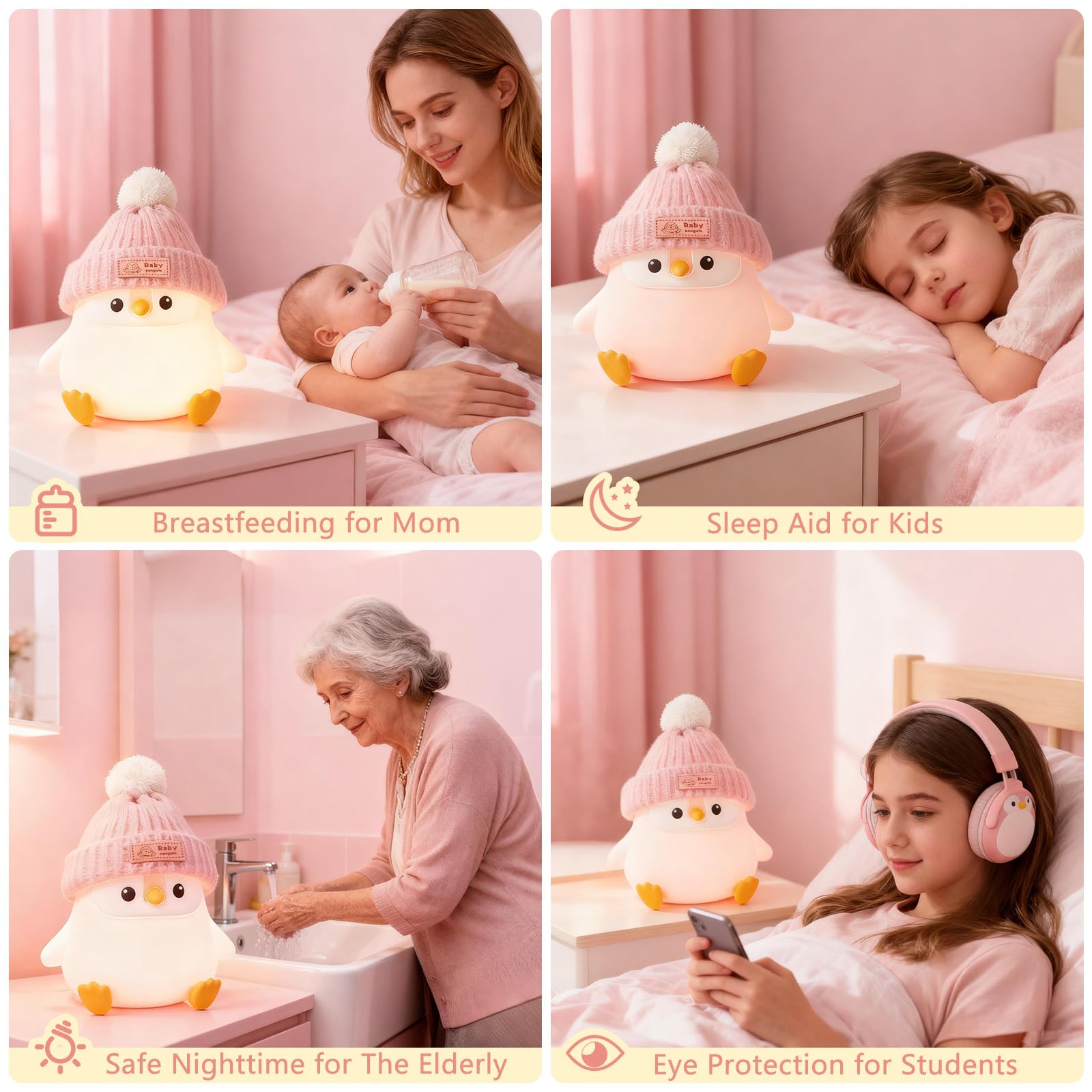 Famiduo Penguin Silicone Night Light  Cute Pink Penguin Lamp With Knitted Hat  Soft Nursery Nightlight  Usb Rechargeable/Dimmable Led Squishy Novelty Animal Bedside Lamp Funny Gifts For Kids/Girls