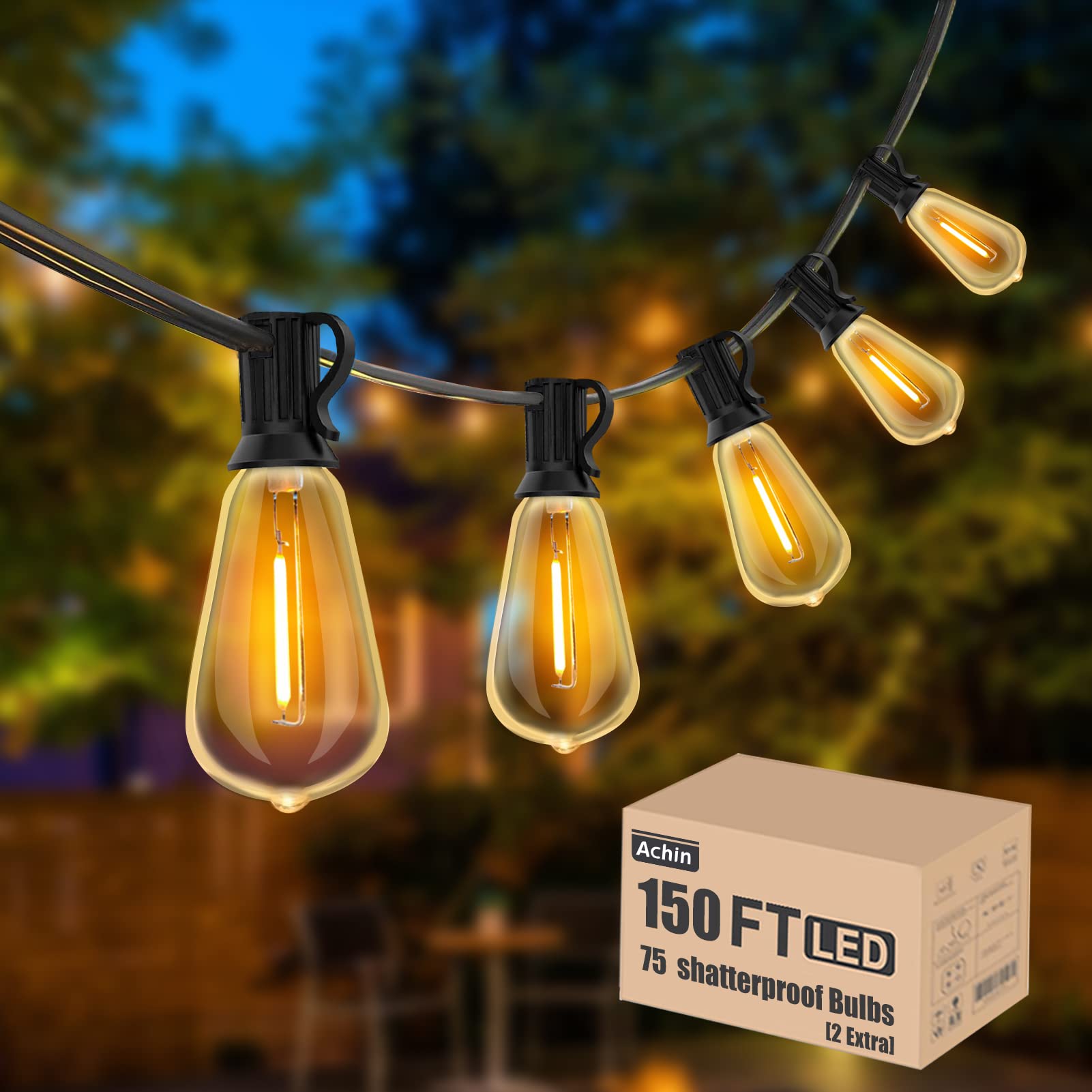 Achin Outdoor String Lights 150FT LED ST38 Vintage Style Dimmable 2200K Shatterproof Bulbs Waterproof for Patio Bistro Gazebo