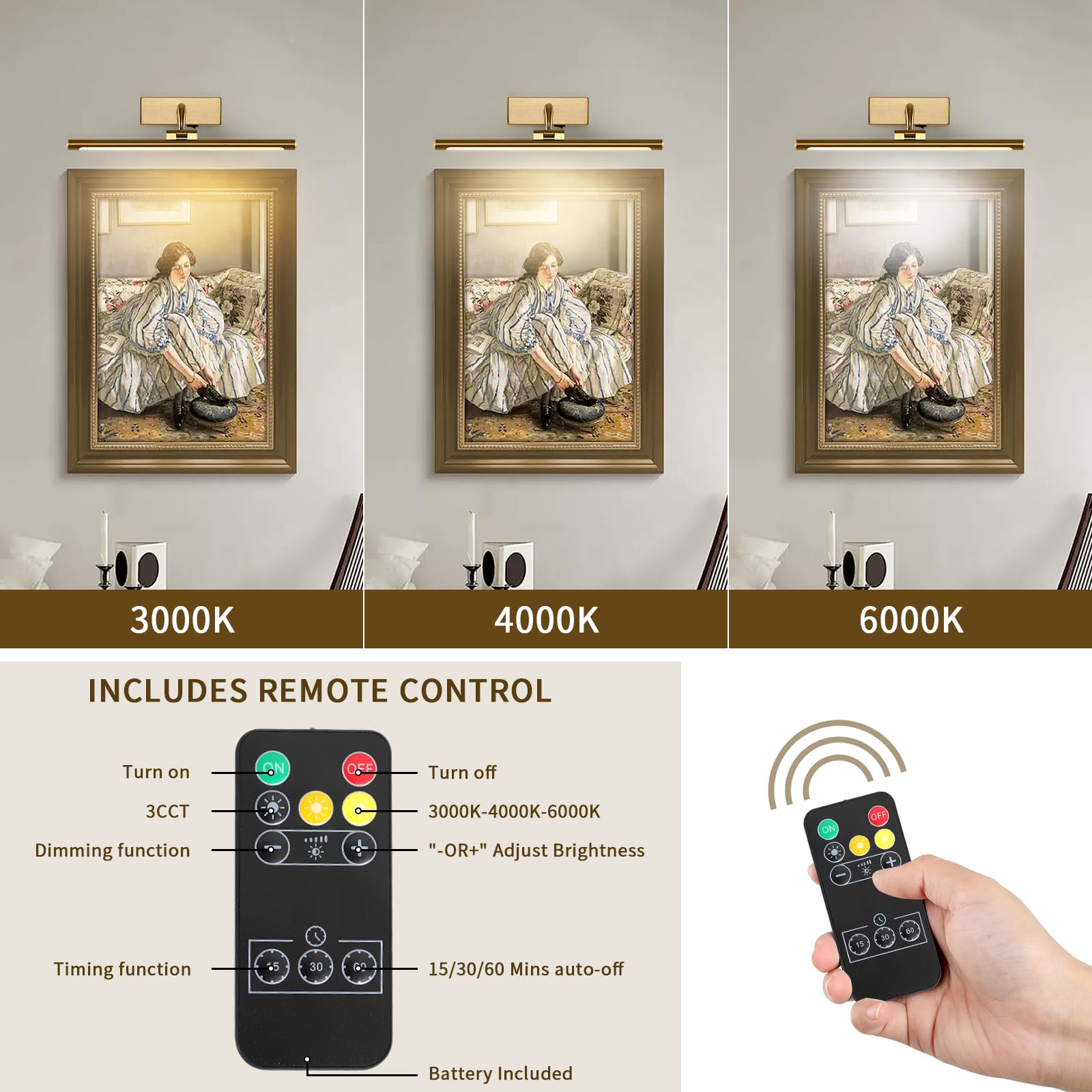 Dlcl Battery Operated Picture Light With Remote And Timer, 15.94In Wireless Gallery Lights Brass 3Cct Rechargeable Art Lights Fo