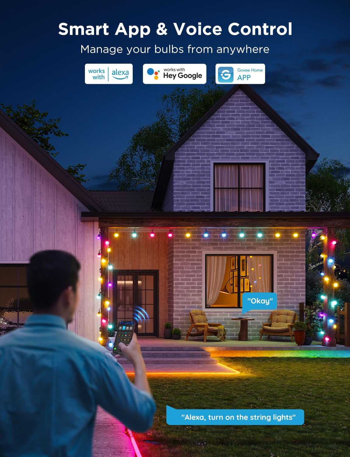 Govee Smart Outdoor String Lights, 144ft, Dimmable Warm White LED, IP65 Waterproof, 47 Scene Modes, Model H7039, RGBICW