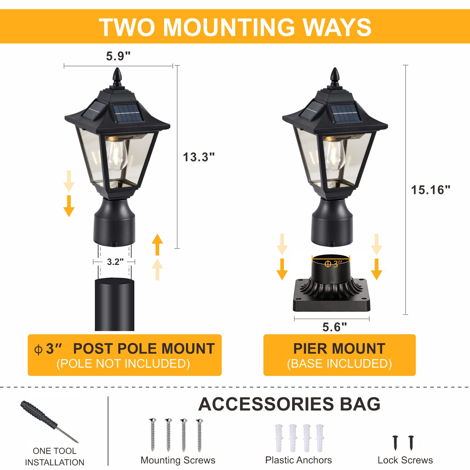 Dariisi Solar Post Light Fixtures 2 Pack, Motion Sensor Solar Lamp Post Lights With Pier Mount Base, Outdoor Waterproof Post Lan