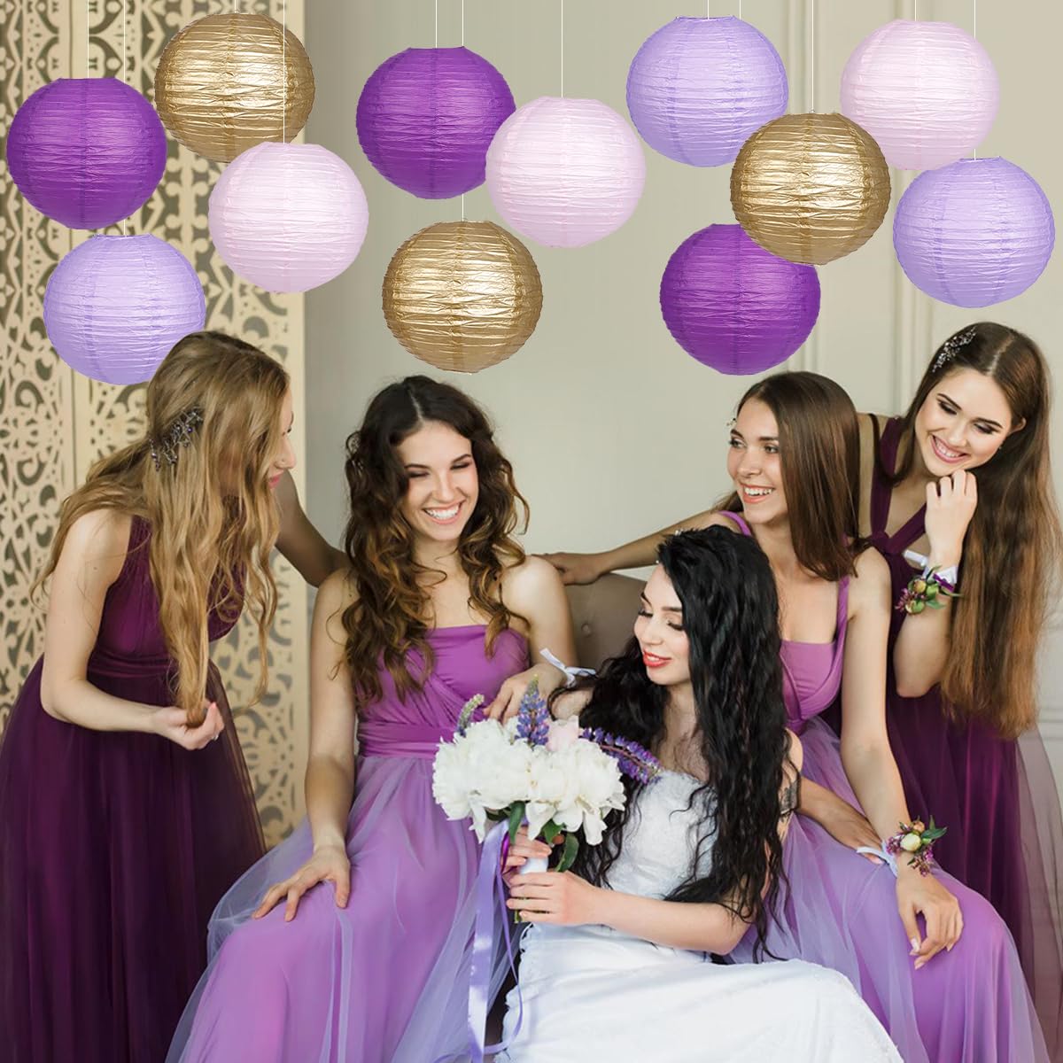 Yunxuan Paper Lanterns Purple Gold Round Hanging Chinese Lanterns For Birthday Baby Shower Bachelorette Party Decorations Pack O