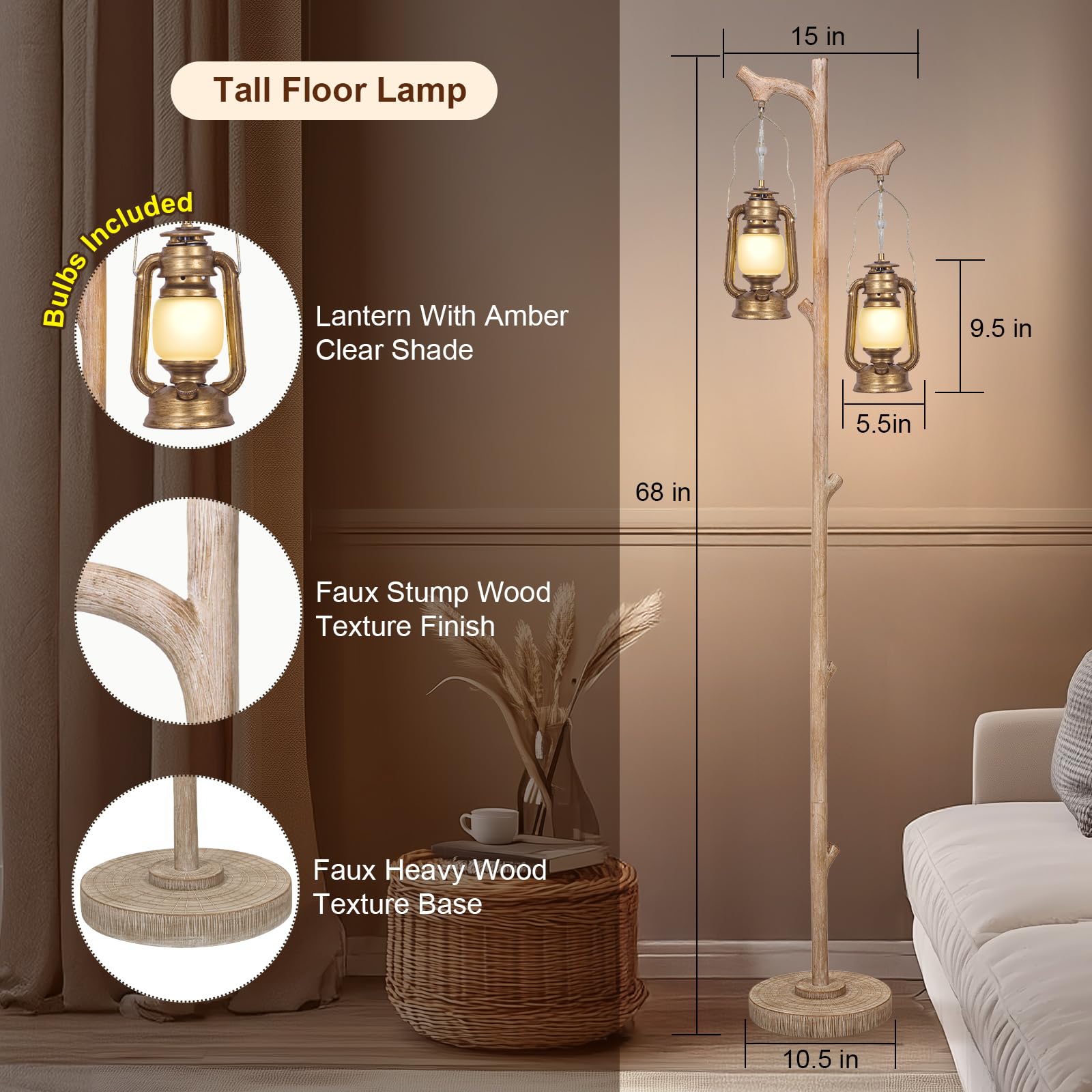 Scenekoy Vintage 68” Tall Floor Lamp, Antique Brass Resin, Dimmable Rustic Light for Living Room & Bedroom, Model SL022-SL