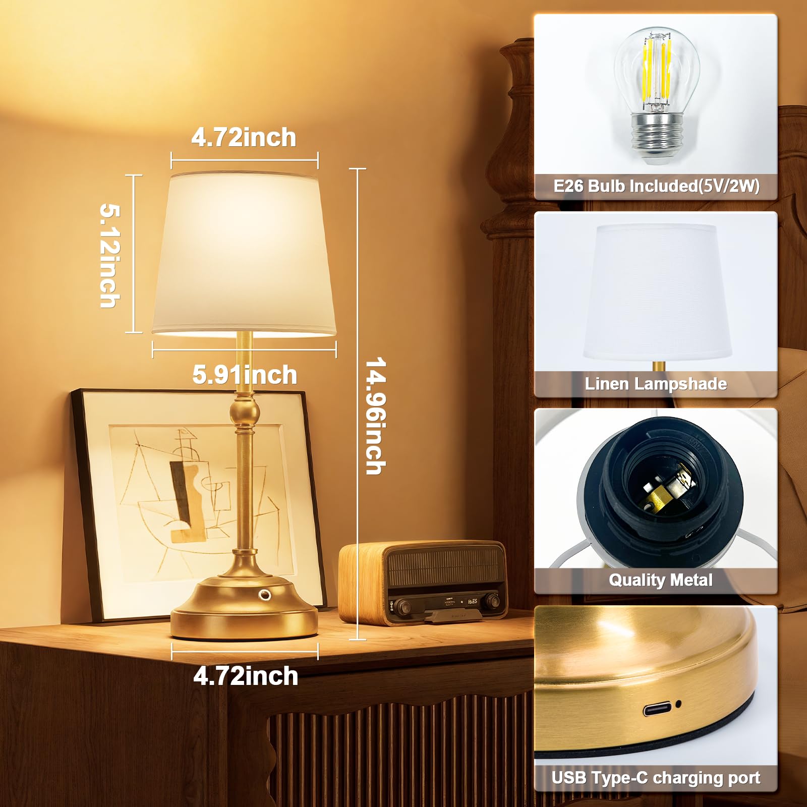 VOLISUN Cordless Table Lamp, Touch Dimmable, 5200mAh Battery, Metal, 1 Pack, Gold, Model 21577ZM