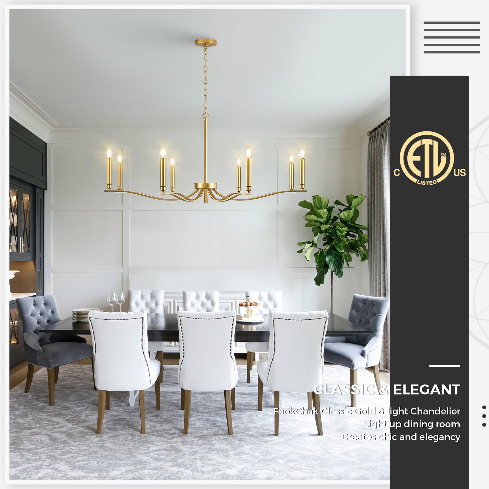 FookChak 8-Light Gold Brass Chandelier - Modern Metal Lighting Fixture for Dining Room, Entry Foyer, Living Room, 44in Model 40