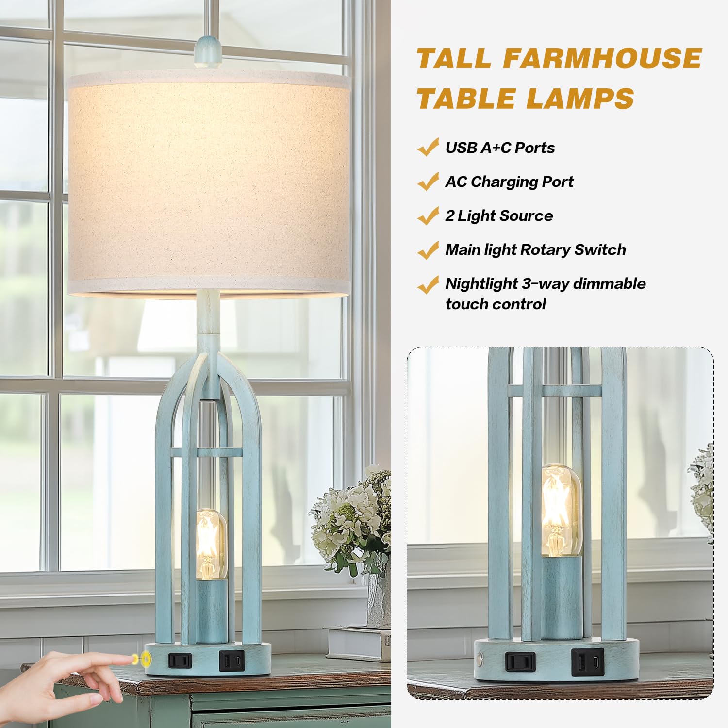 Cinyirong 27" Blue Farmhouse Table Lamps Set of 2 with USB & AC Outlet, Retro Fabric Shade, Model TD-CY-462