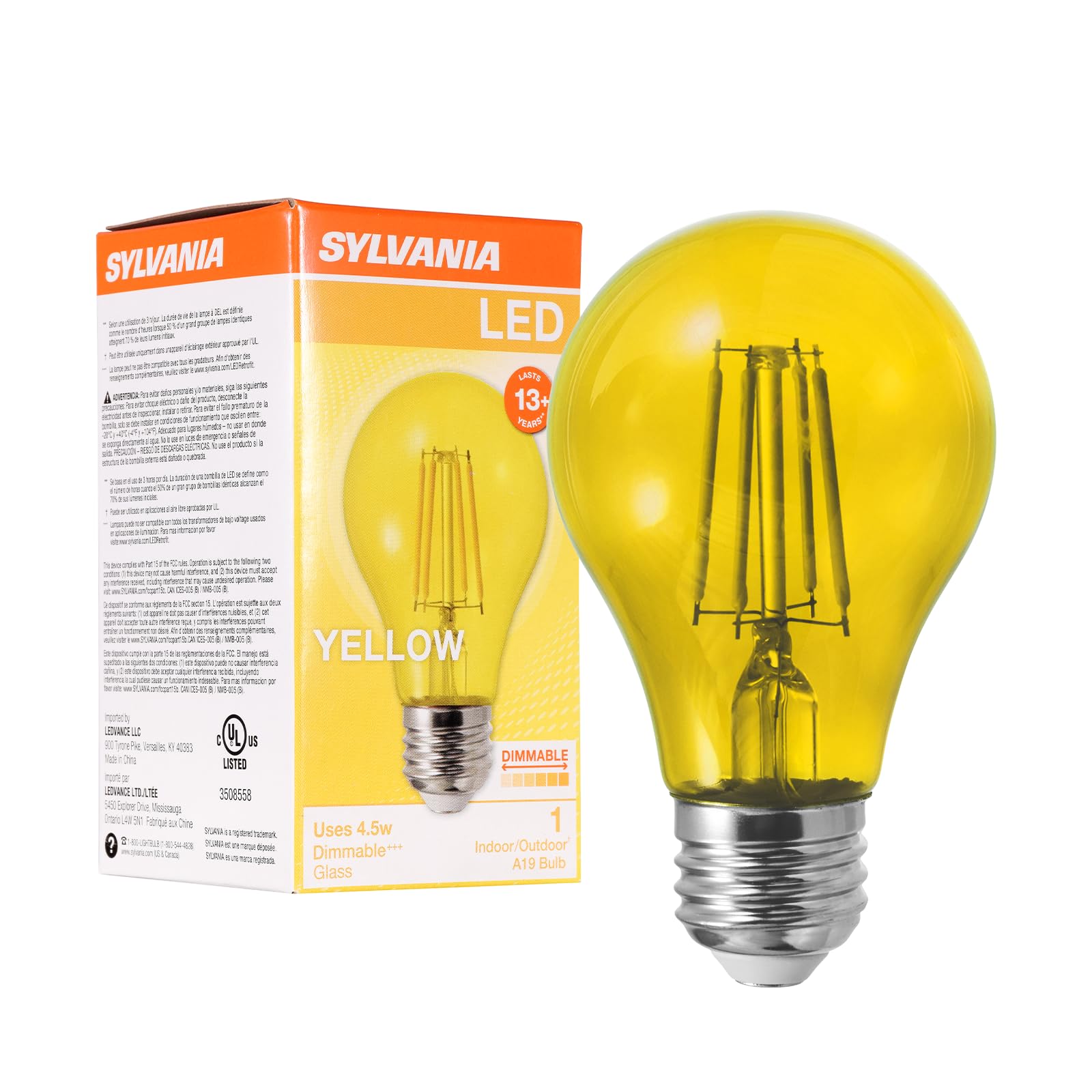 Ledvance Sylvania A19 Dimmable Yellow Glass Filament Light Bulb, 4.5W, E26 Base, 1 Pack