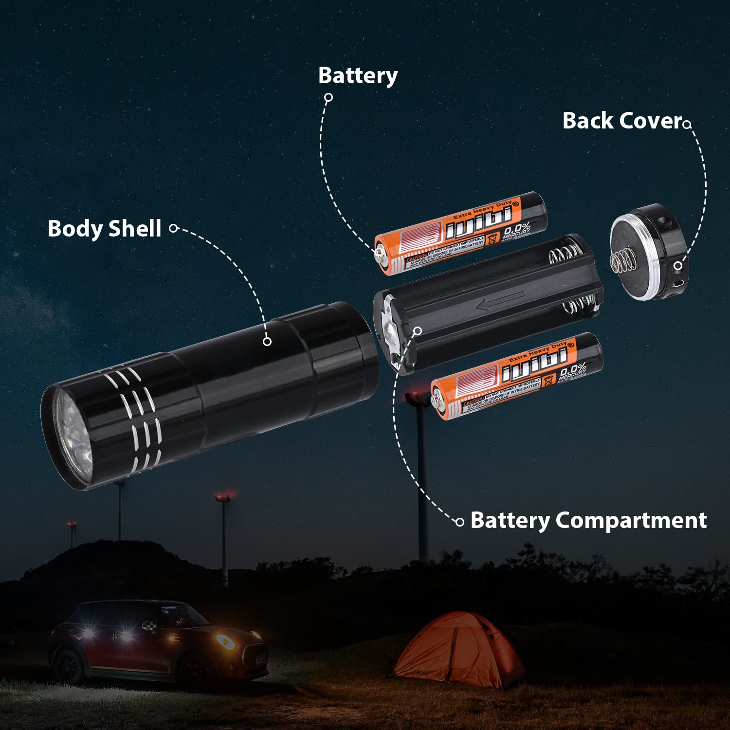 Yikosam 5 Pack Mini Aluminum Flashlights - 9 Led, Handheld, Lanyard, 15 Aaa Batteries Included