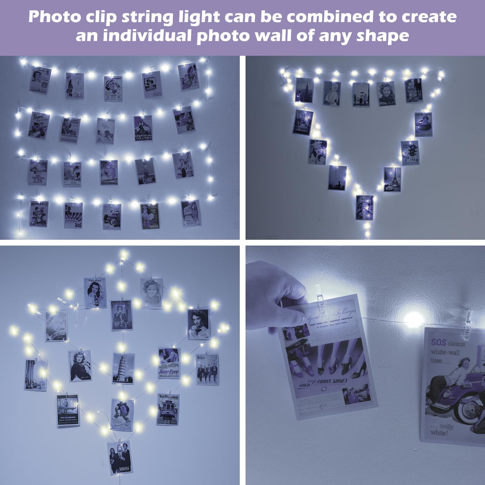 Bryubr 120 Led Photo Clips String Light With Remote, 40Ft Fairy Lights With 52 Clear Picture Clips, Timer & 8 Modes Usb Powered Copper Wire Lights For Dorm, Bedroom, Christmas, Party (Cool White)