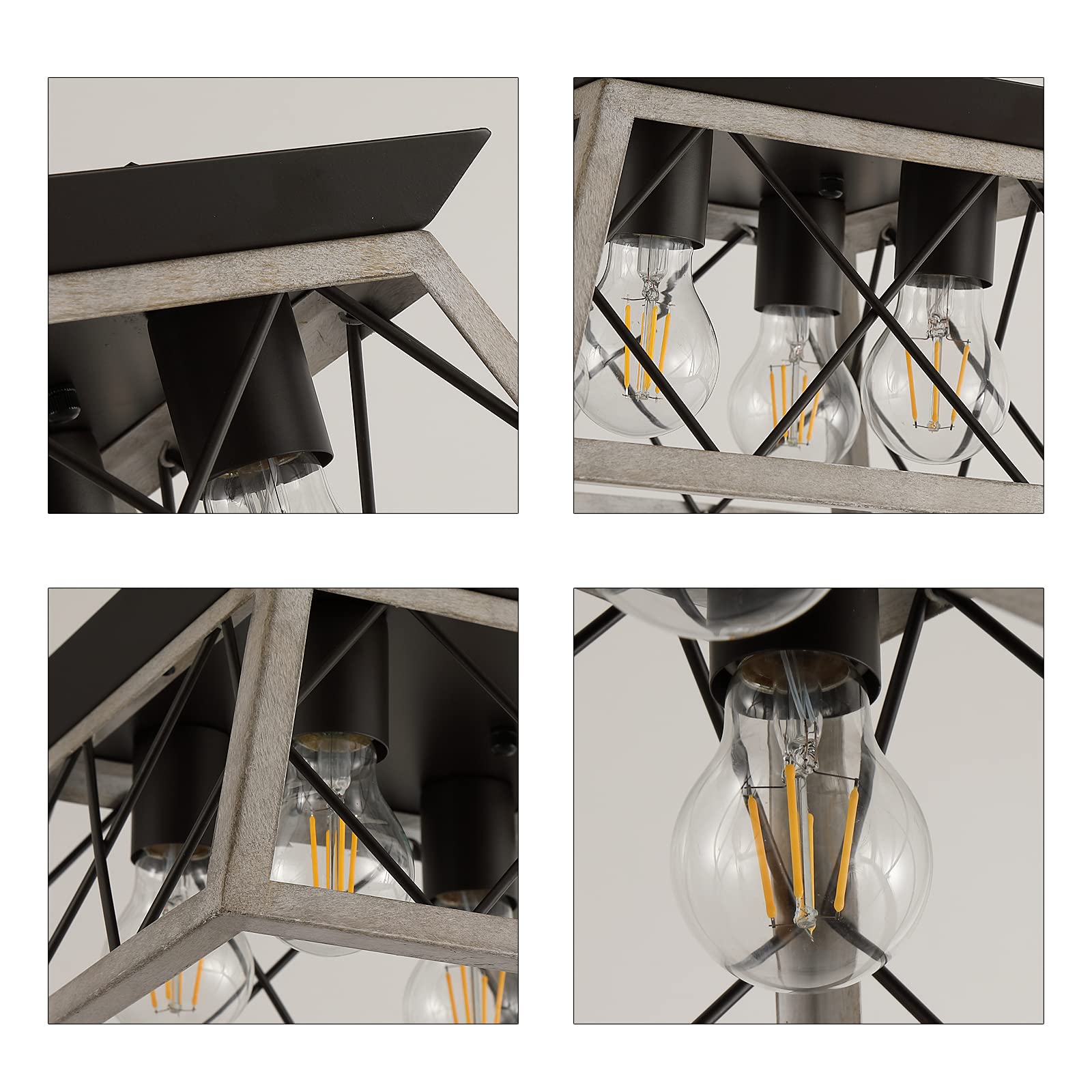 Q&S 4-Light Oak Farmhouse Ceiling Light - Vintage Rustic Semi Flush Mount For Home & Dining Room