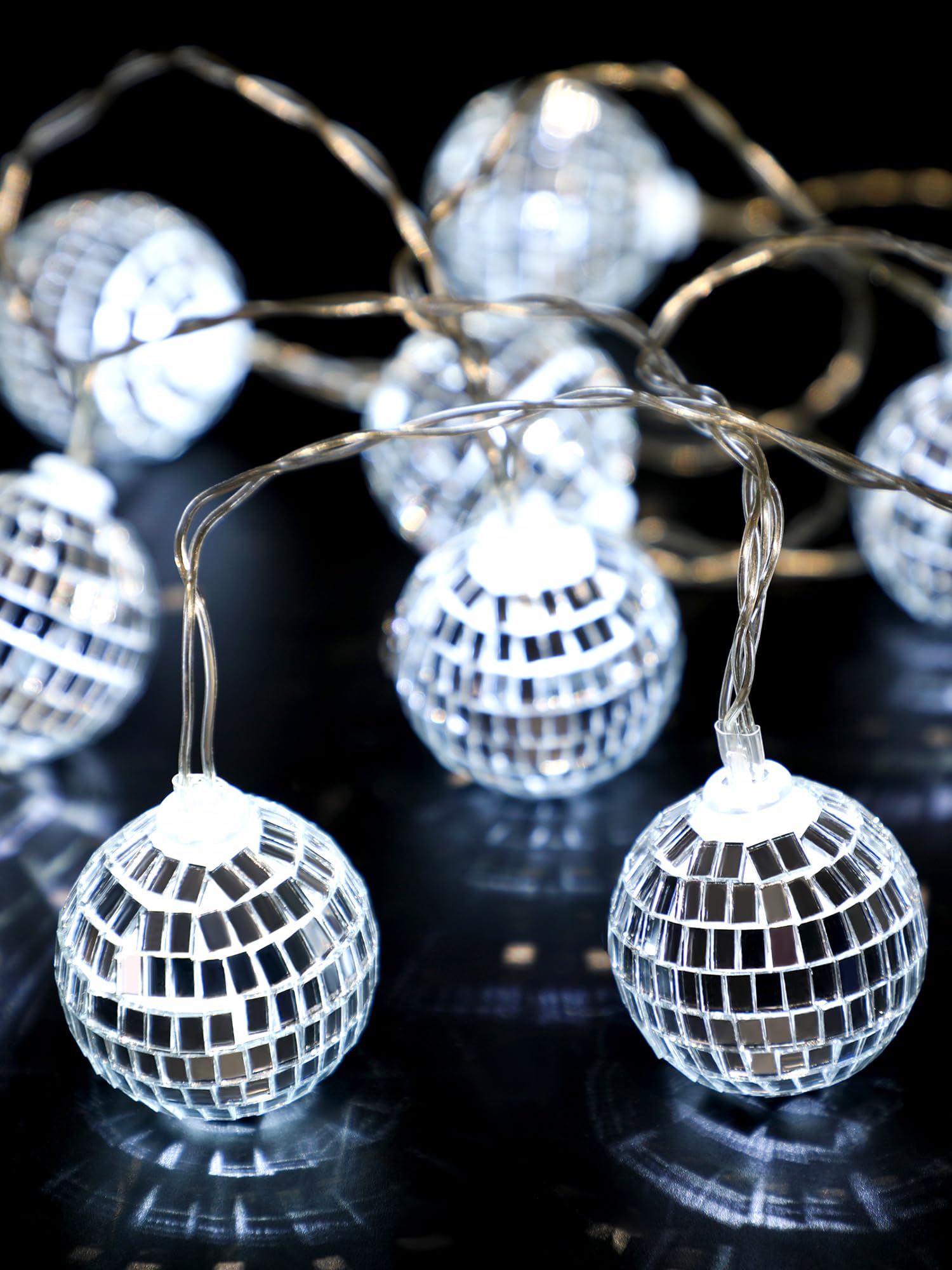 BBTO Disco Ball String Lights, 10 LED, 9.84 Feet, Battery Powered, Silver White, 1.18 Inch, Perfect for 70s 80s Party Decor