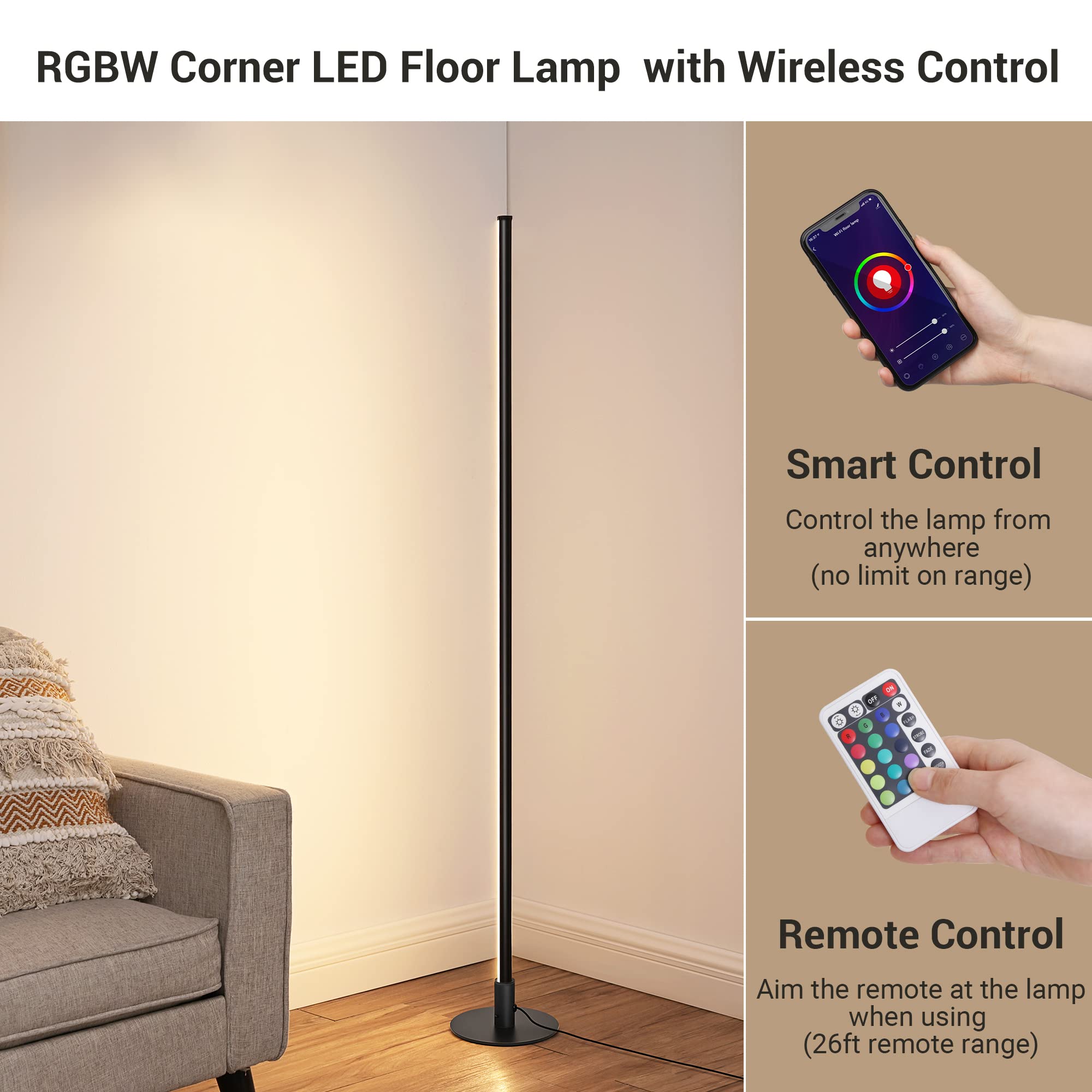 EDISHINE RGBW LED Corner Floor Lamp, Modern Minimalist Dimmable Light, Color Changing Sleek Stick Lamp, Slim Tall Light for Livi