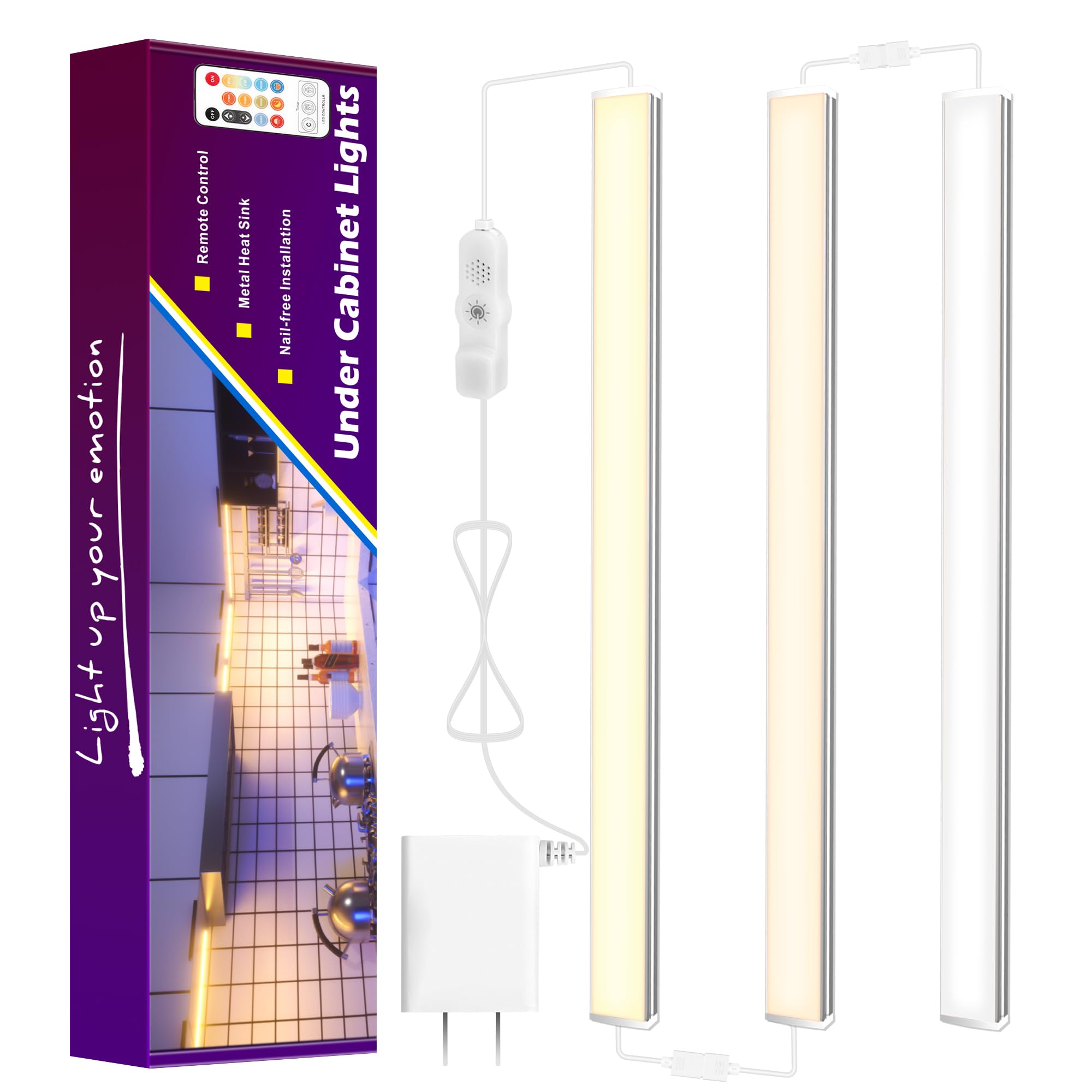 maylit Under Cabinet Lights Plug in, 3 Pcs 12 Inch Multi-Color Under Cabinet Lighting, Super Bright Under Counter Lights for Kitchen, Ultra Thin Dimmable Light for Cabinet, Counter, Workbench, Desk