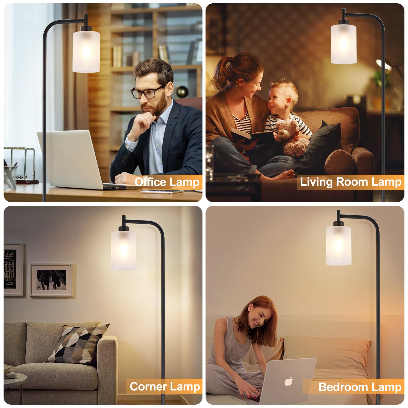 DINGLILIGHTING Tall Floor Lamp, Black Metal with Frosted Glass Shade, Modern Industrial Design, Model WSFLL005BK-1, 8W LED Bulb Included