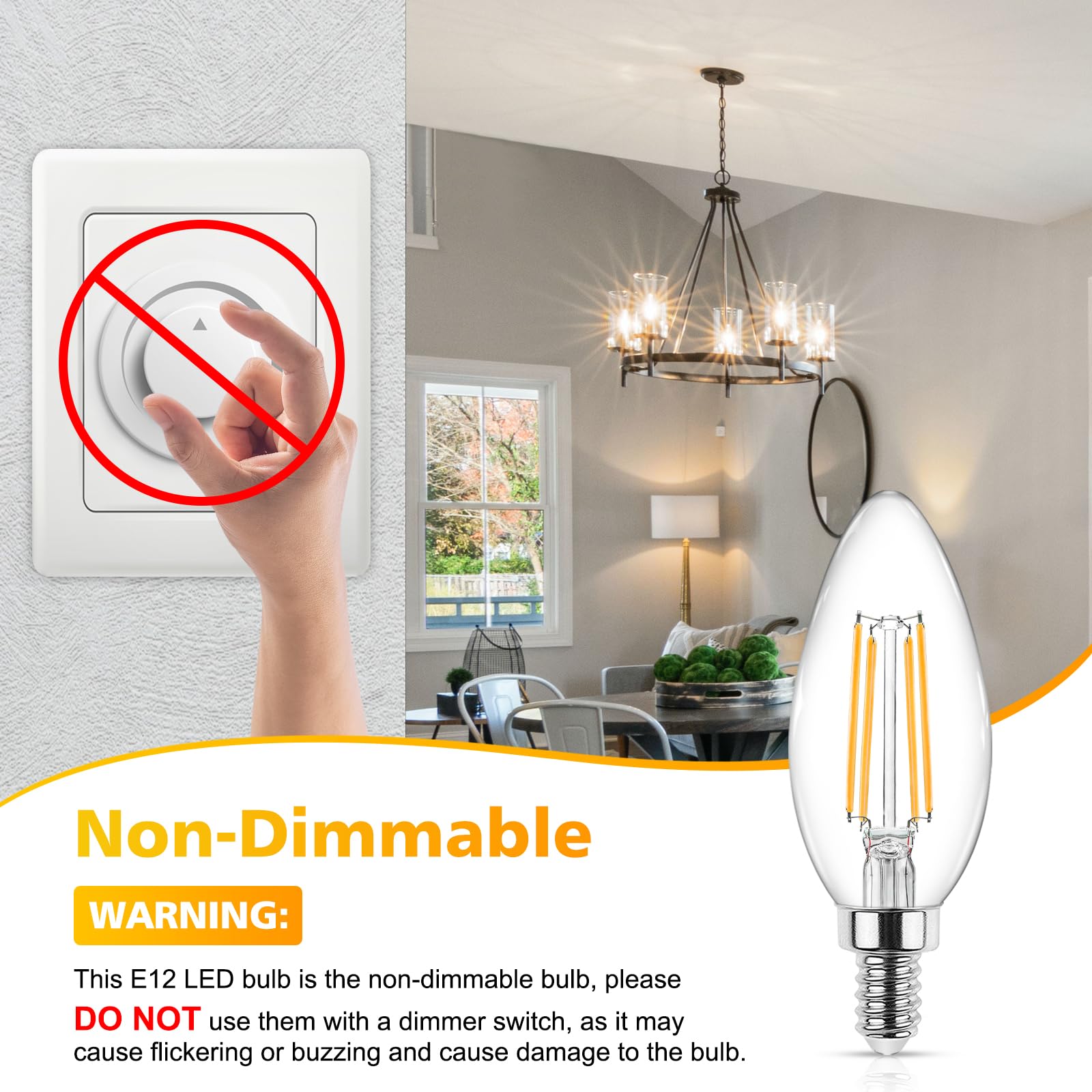 Ascher E12 Candelabra LED Light Bulbs 60 Watt Equivalent, Warm White 2700K, Non-Dimmable, 550 Lumen, Clear LED Filament Candle B