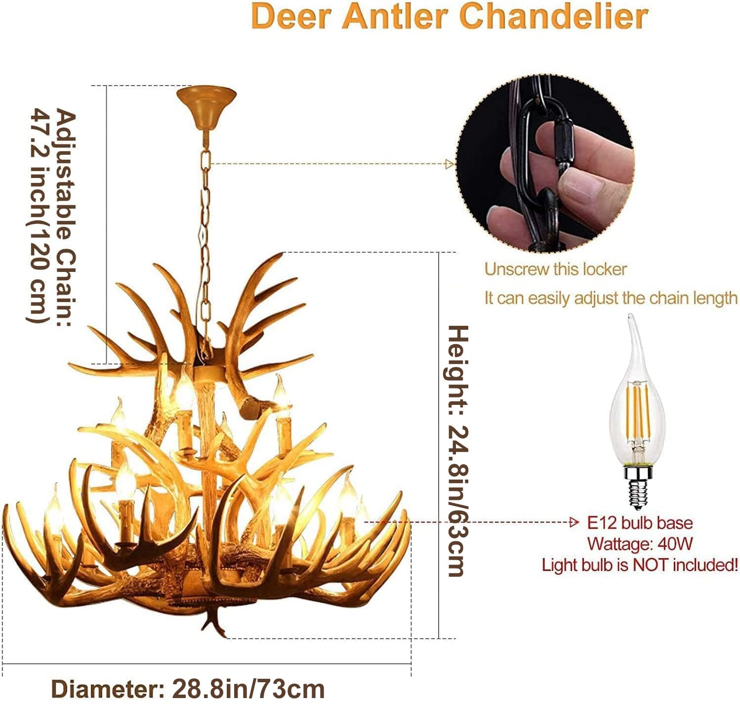 AUNLPB Deer Antler Chandelier 9-Light LED Pendant Light, Adjustable, Vintage Style, Brown, 12 Lights