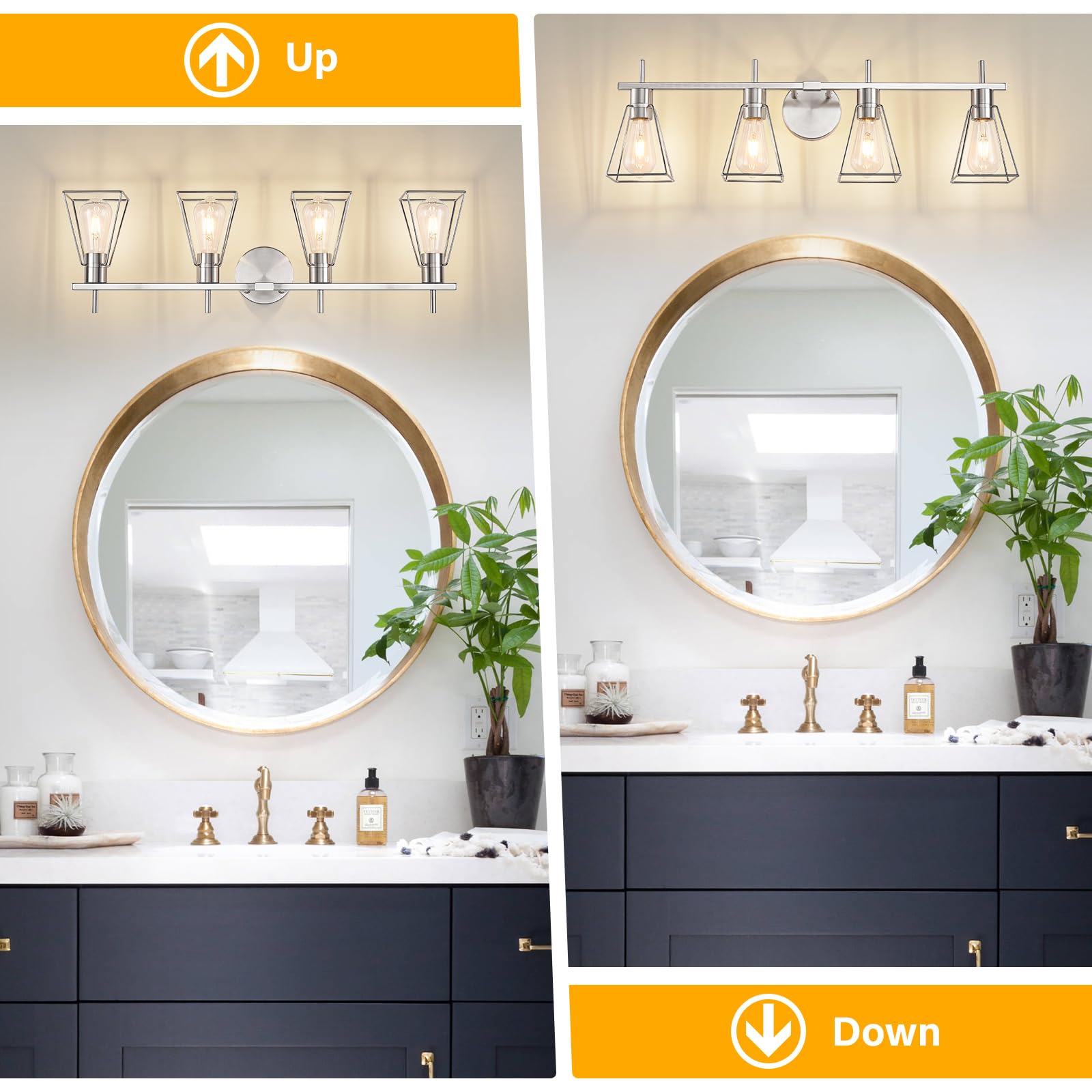 Fonmyim Farmhouse Bathroom Vanity Light Fixtures Over Mirror, Brushed Nickel 4-Light Wall Sconce With Metal Cage, E26 Socket (Bu