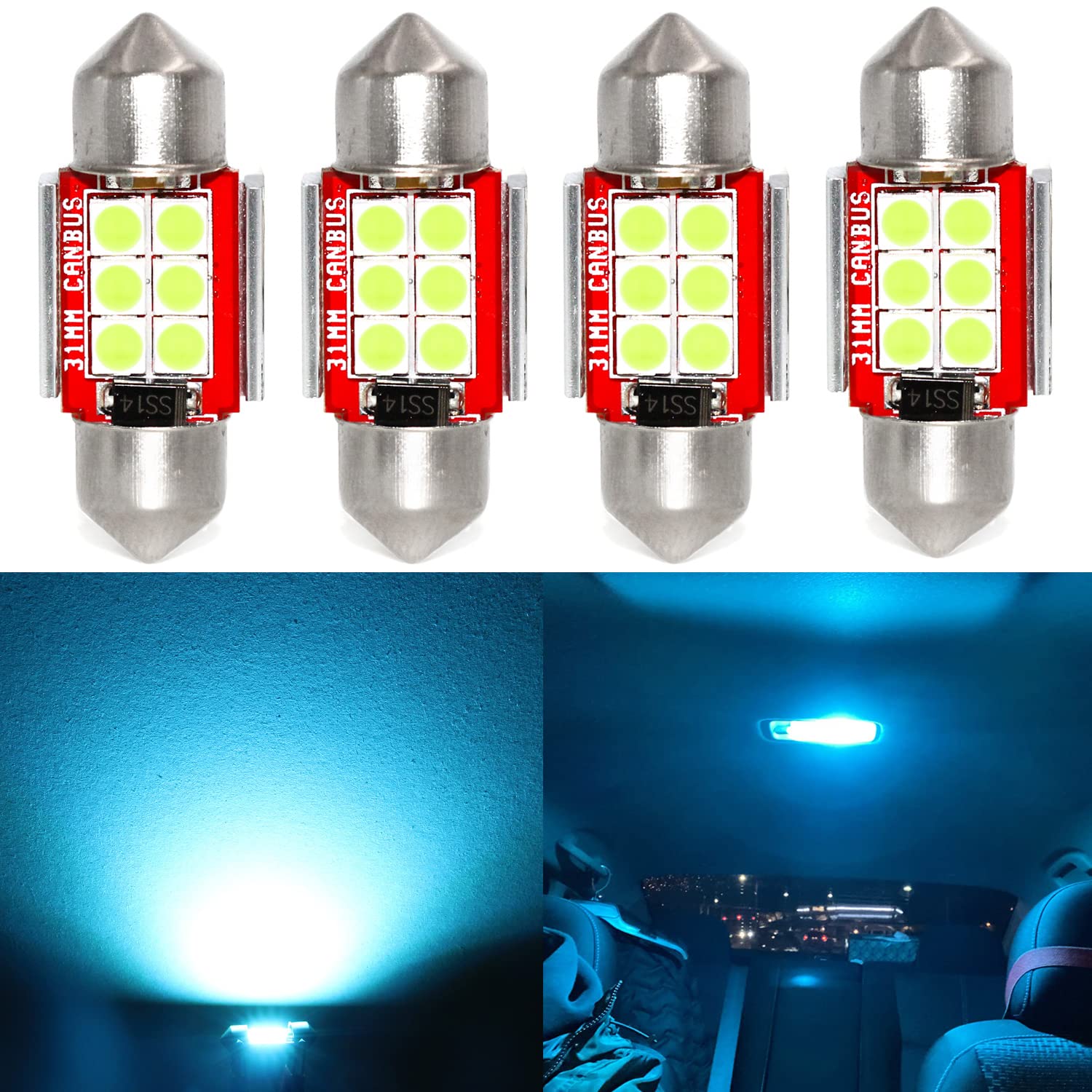 Phinlion De3175 Ice Blue Led Light Bulbs, Super Bright 3030 6-Smd Festoon 31Mm De3021 De3022 Miniature 12V Led Bulb For Car Inte