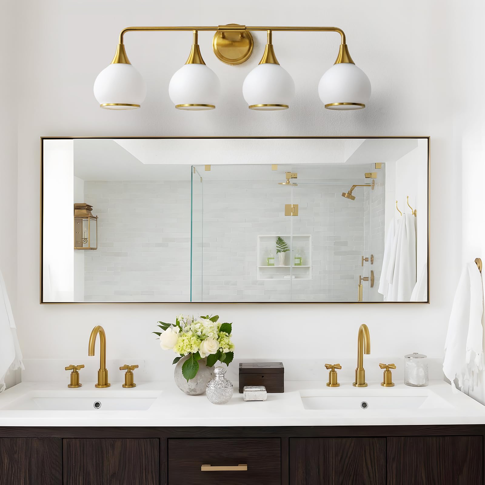 HAHZT Brass Gold Bathroom Light Fixtures, 4-Light Vanity Lights, Milky White Frosted Glass Shade, Model 8033ML, 30.7 Inch Wall Sconce