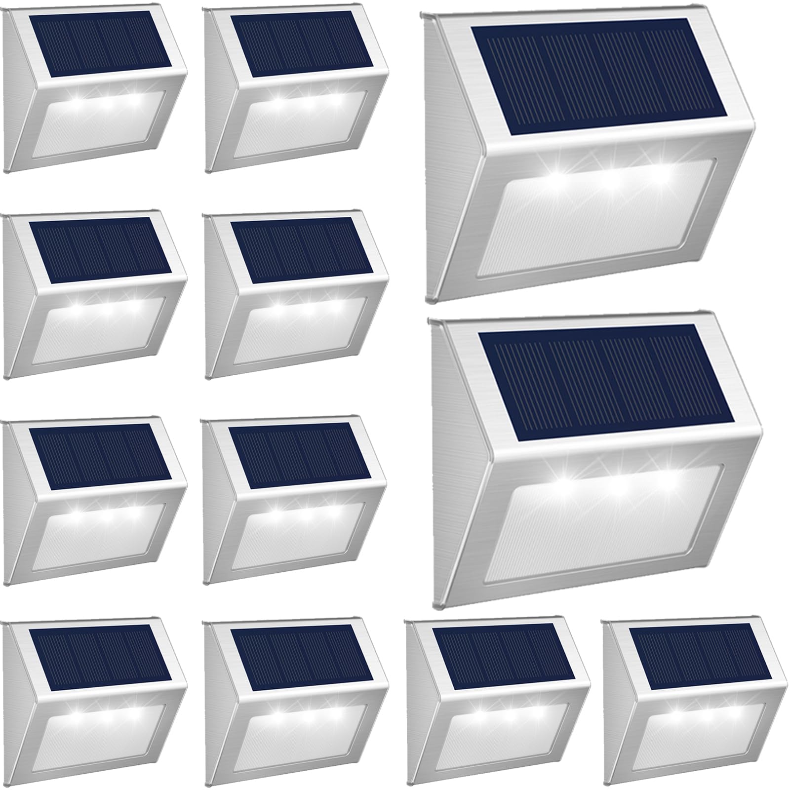 JSOT Outdoor Fence Lights - 12 Pack Solar Powered Stainless Steel Deck Lights, Waterproof Cool White for Garden Pathway