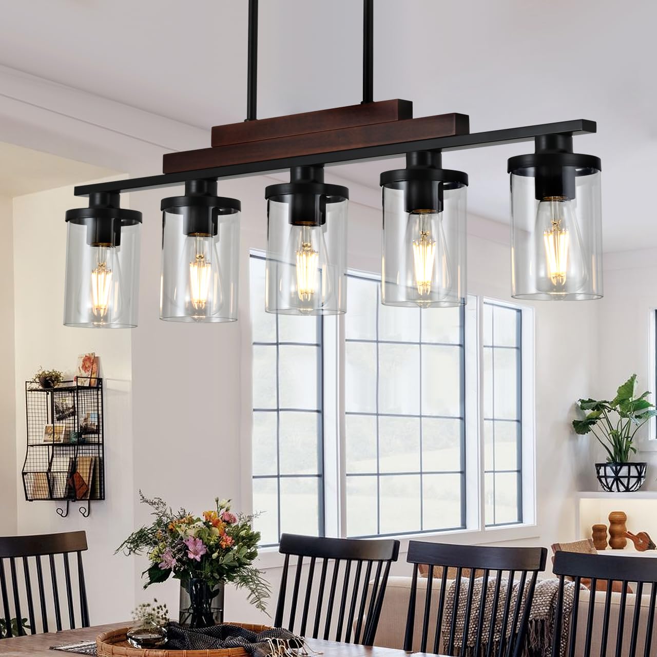 Dining Room Light Fixture/Chandelier Over Table,5-Light Kitchen Island Lighting Hanging for Farmhouse Linear Chandeliers Matte B