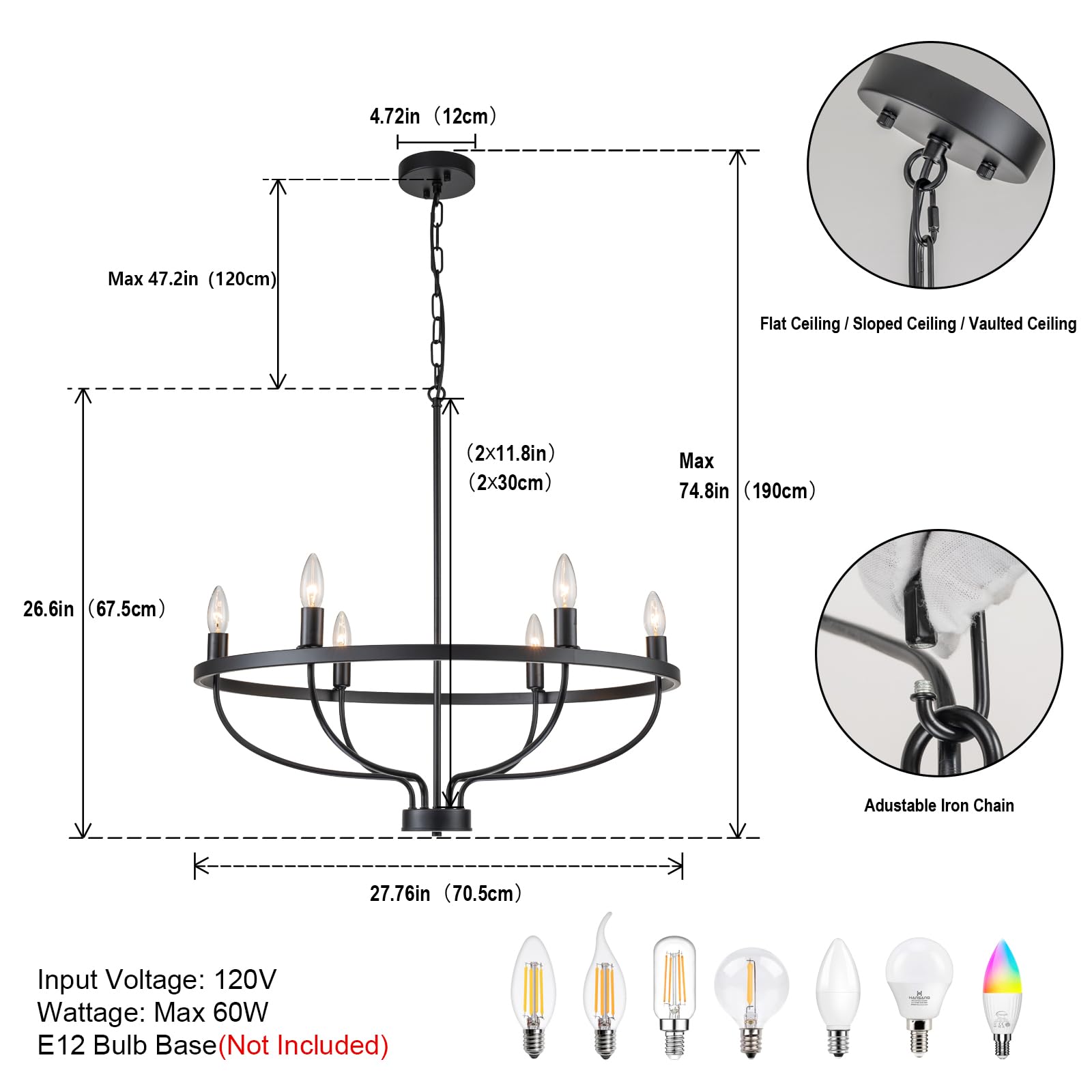 BrkNit 6-Light Black Chandelier - Vintage Candle Fixture for Dining Room, Entryway, Bedroom, Foyer, Living Room