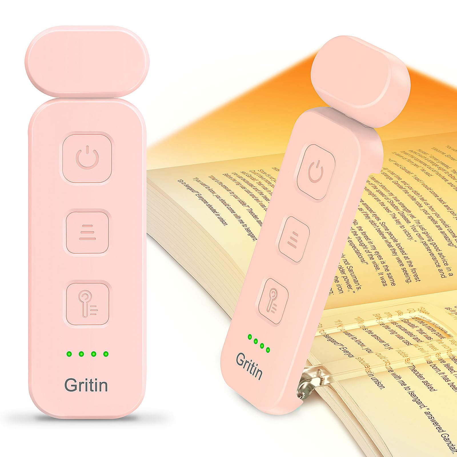 Gritin Rechargeable Book Light - Eye Caring, 3 Color Temperatures, 5-Level Dimmable, Clip-On, Compact, Pink, Model G1313