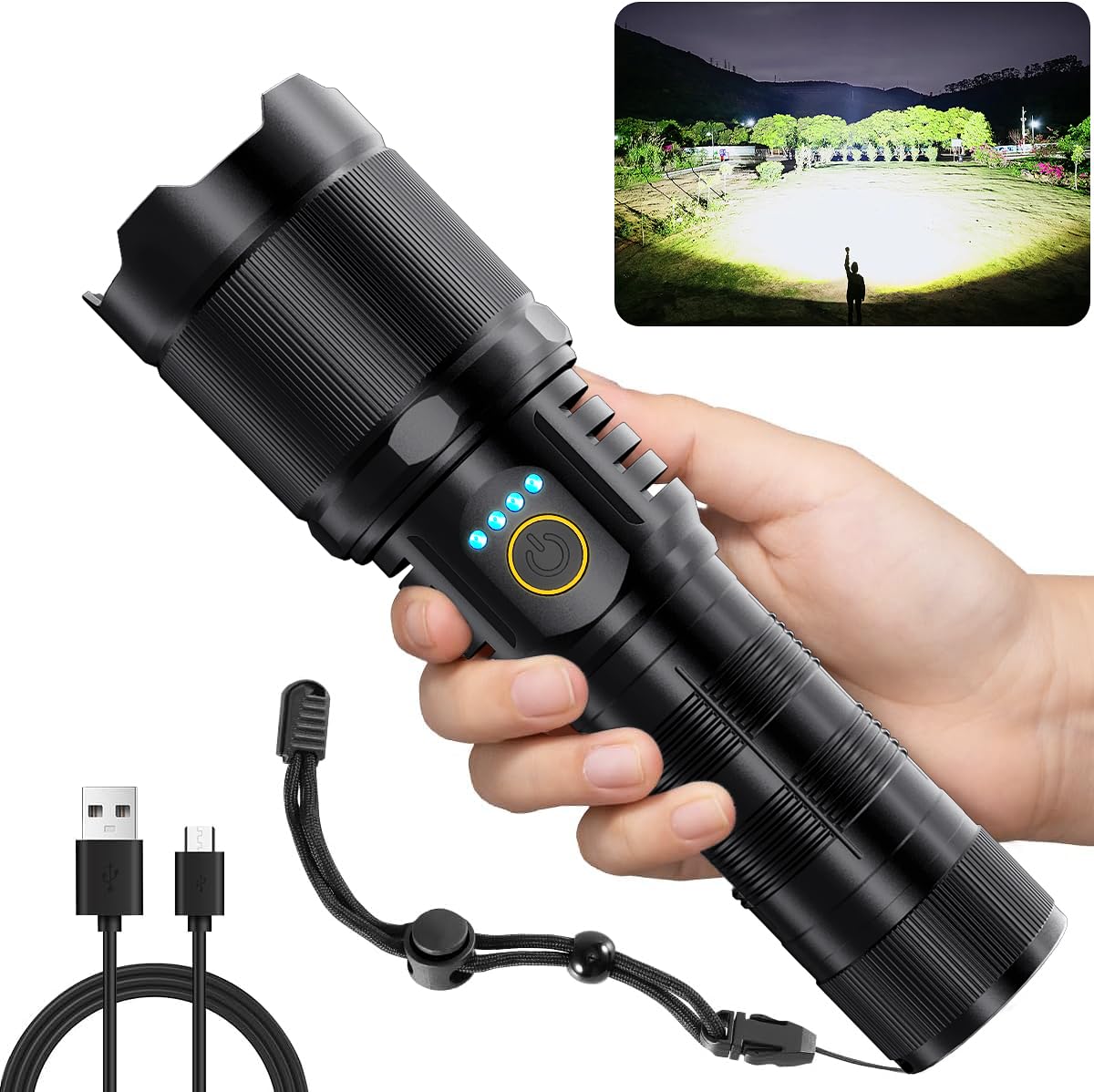 Tecbott Rechargeable Flashlights 900000 High Lumens Super Bright Led Flashlight High Powered Tactical Flashlights Zoomable 3 Modes Ipx6 Waterproof Handheld Flash Light For Camping Outdoor Emergencies