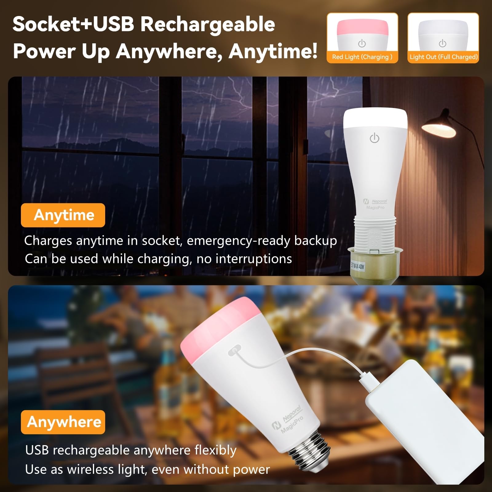 Neporal MAGICPRO 9W USB Rechargeable Light Bulbs, 800LM, 3 Colors, Dimmable, 4-Pack, E26, Fast Charge, Long Battery Life