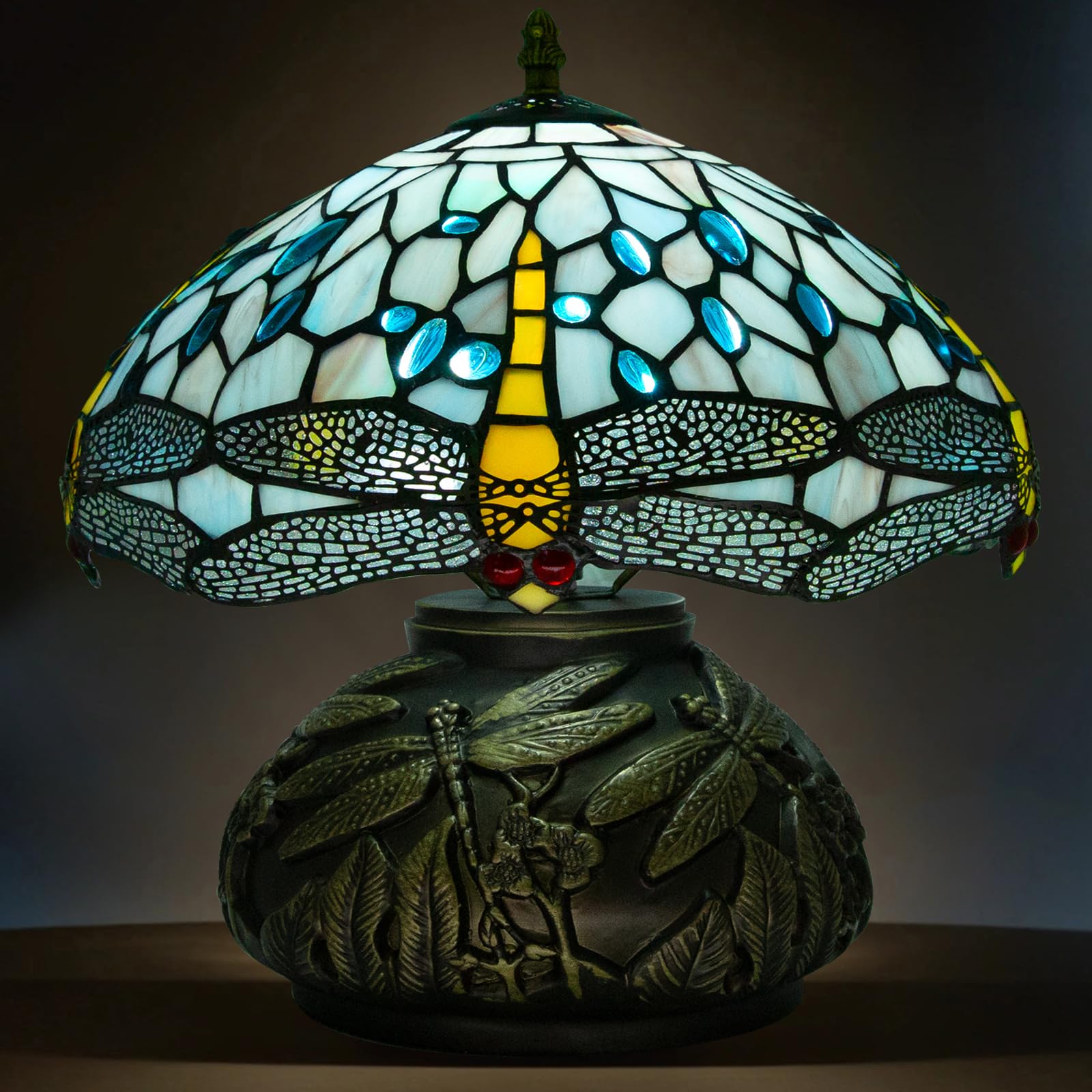 Ppbmocw 12 Inch Dragonfly Tiffany Lamp With Remote Control, Adjustable Brightness And Color Temperature, E26 Bulb, 9W, Ocean Blu