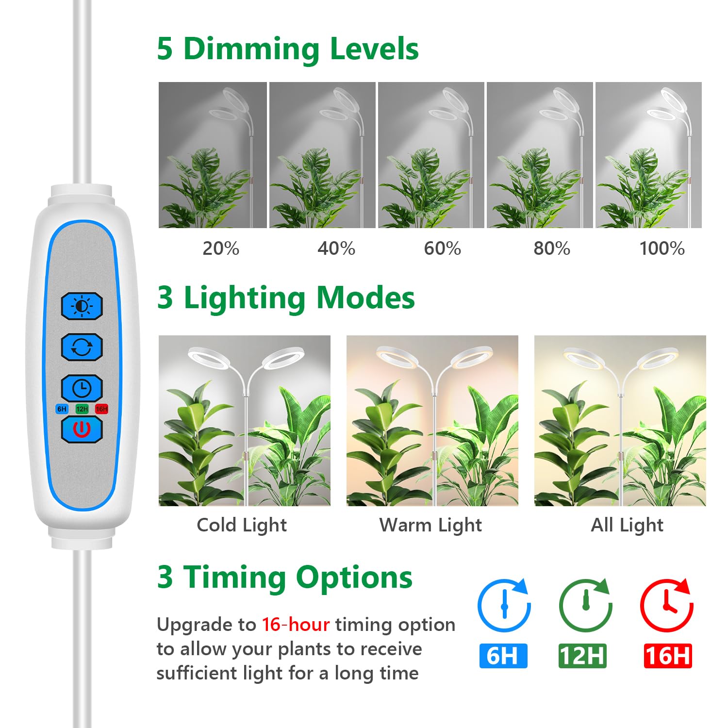 Aumtrly Large Plant Light For Indoor Plants, 2 Head Full Spectrum Grow Light With 68&quot; Adjustable Stand For Growing Large Tall Plants, White Halo Floor Led Grow Lamp With 16 Hour Timer