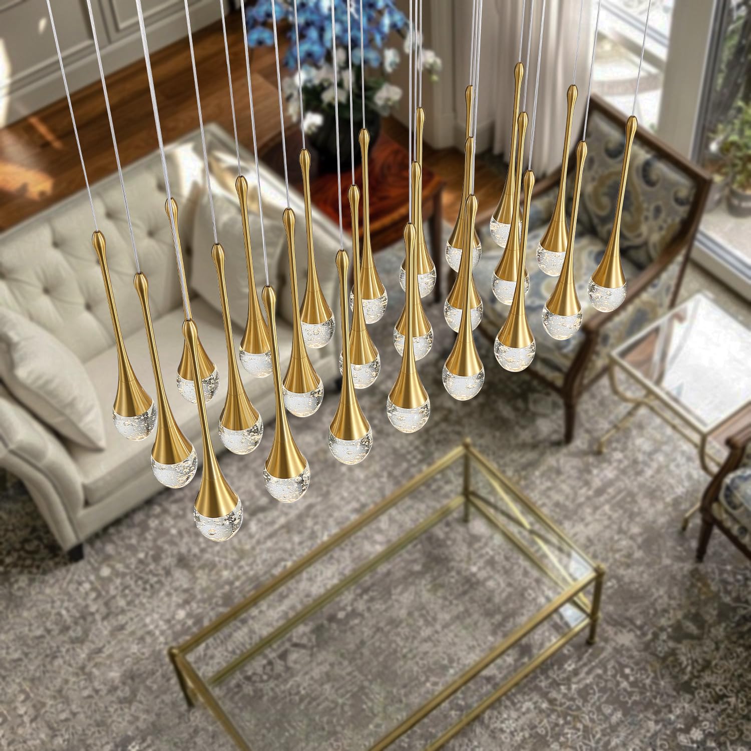 Ykolupty 24-Lights Rectangular Chandelier Crystal Raindrop Chandeliers Flush Mount Ceiling Light For Dining Room Living Room Hig