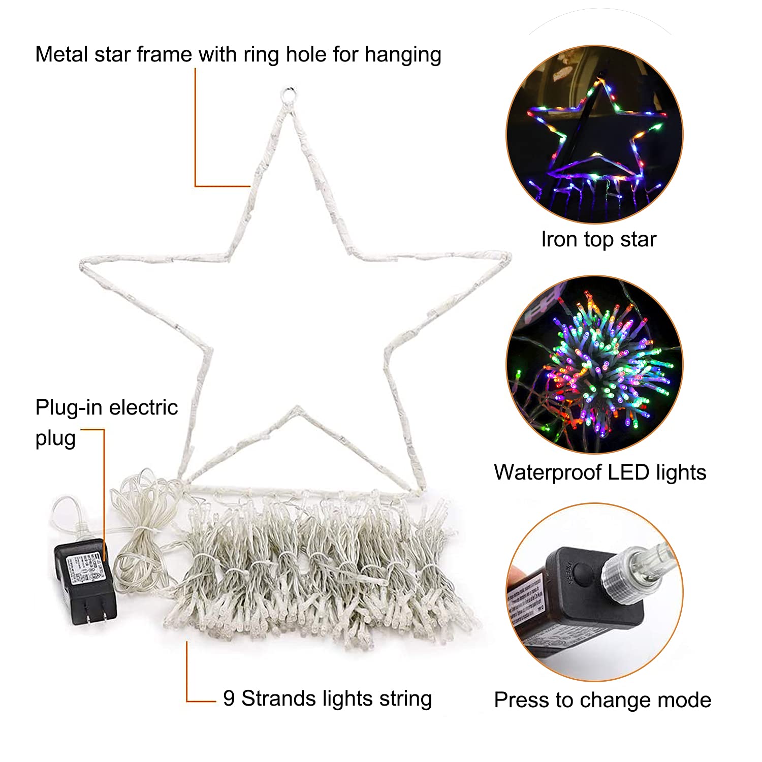 FUNIAO Christmas Decoration Lights, 320 LED Waterproof String Lights, Multicolor, Iron Star Topper, Model YLS1000WD01