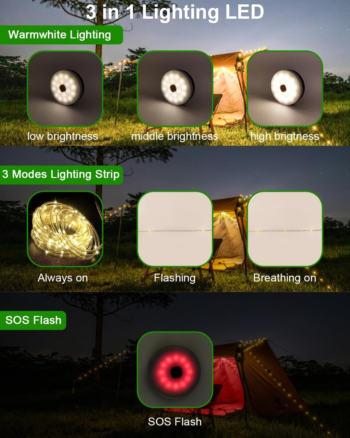 SWEALEER Camping String Lights, 39Ft Solar & USB Rechargeable, Green, IP44 Waterproof, Remote Control, 5 Lighting Modes