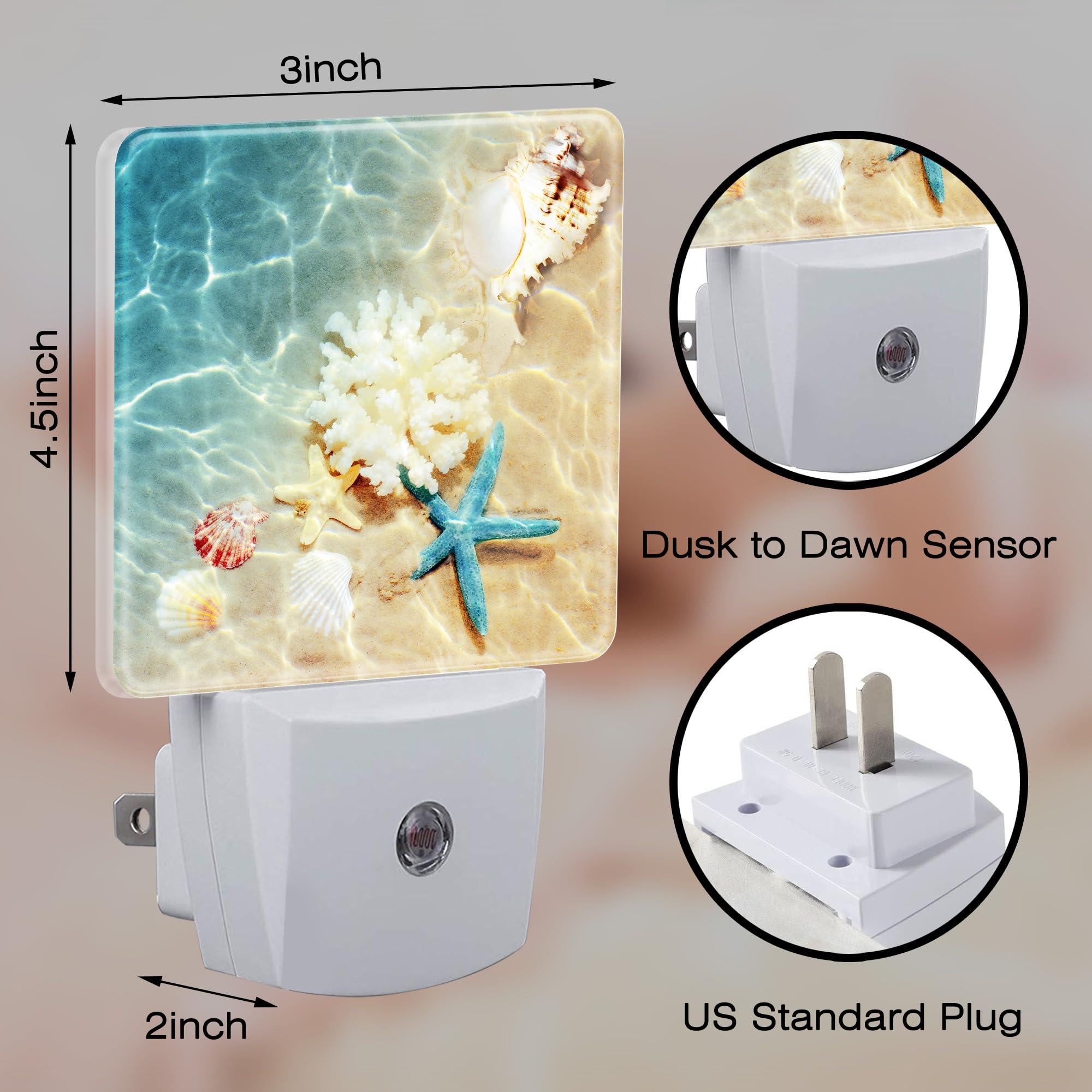 Sndheke Starfish Seashells And Coral Night Light, Summer Beach Sea Water Marine Life Dusk To Dawn Plug In, 0.5W Energy Saving Sl