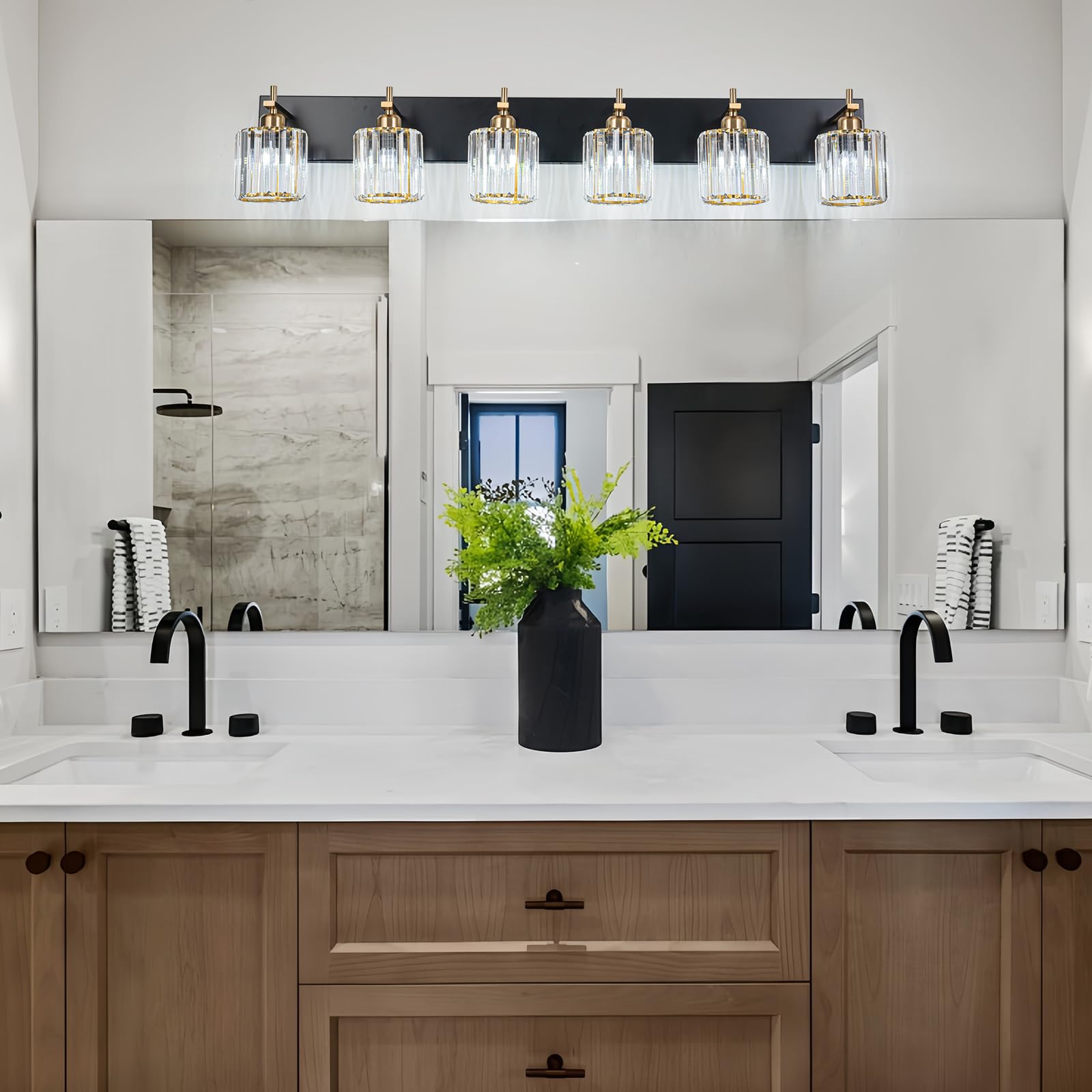 HUOKU 6-Light Crystal Bathroom Vanity Light Fixture, Metal & Crystal, Black Gold Finish