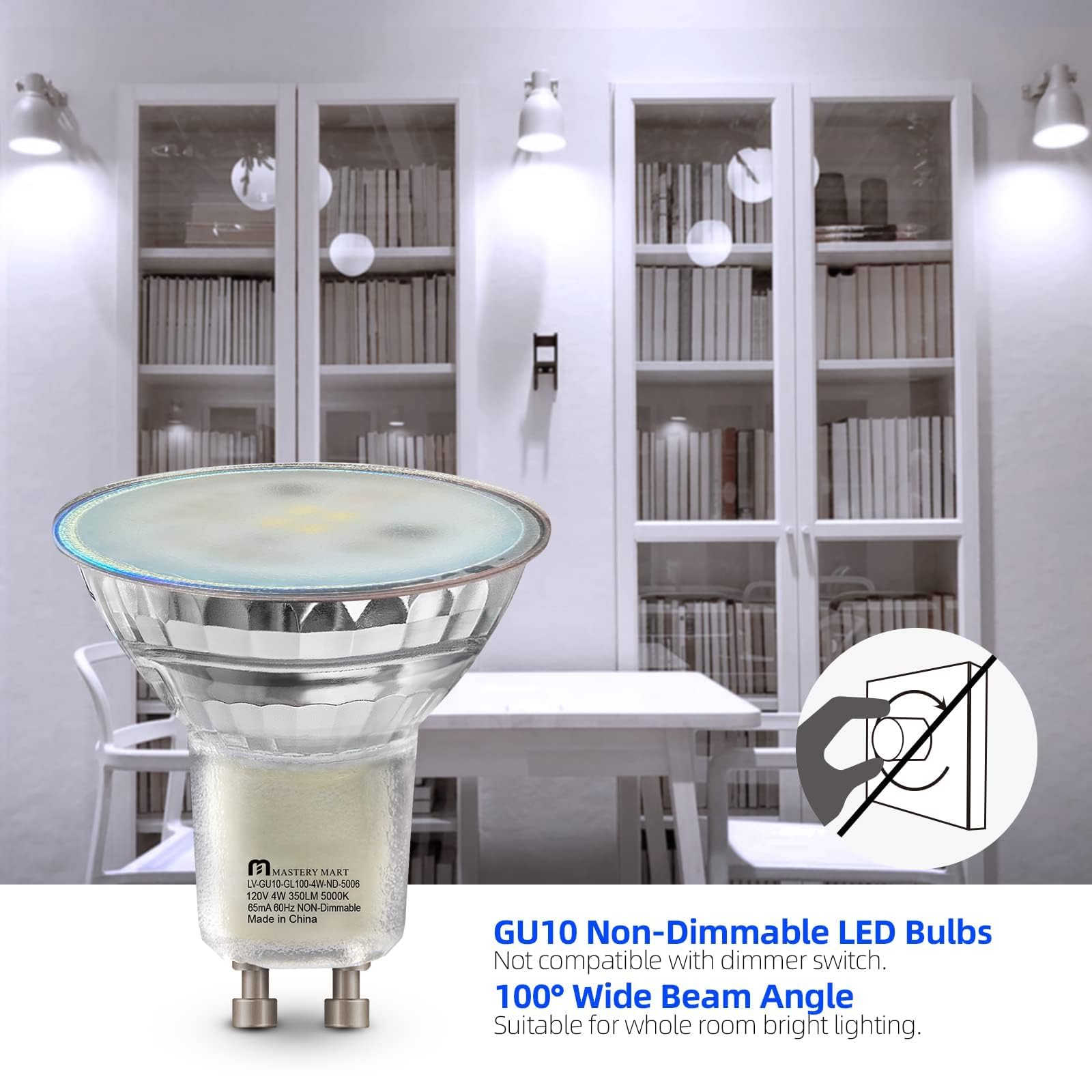 Mastery Mart Non-Dimmable Gu10 Led Light Bulbs, 4W Bright 5000K Daylight White 50W Halogen Equivalent, 350Lm Energy Saver For Tr