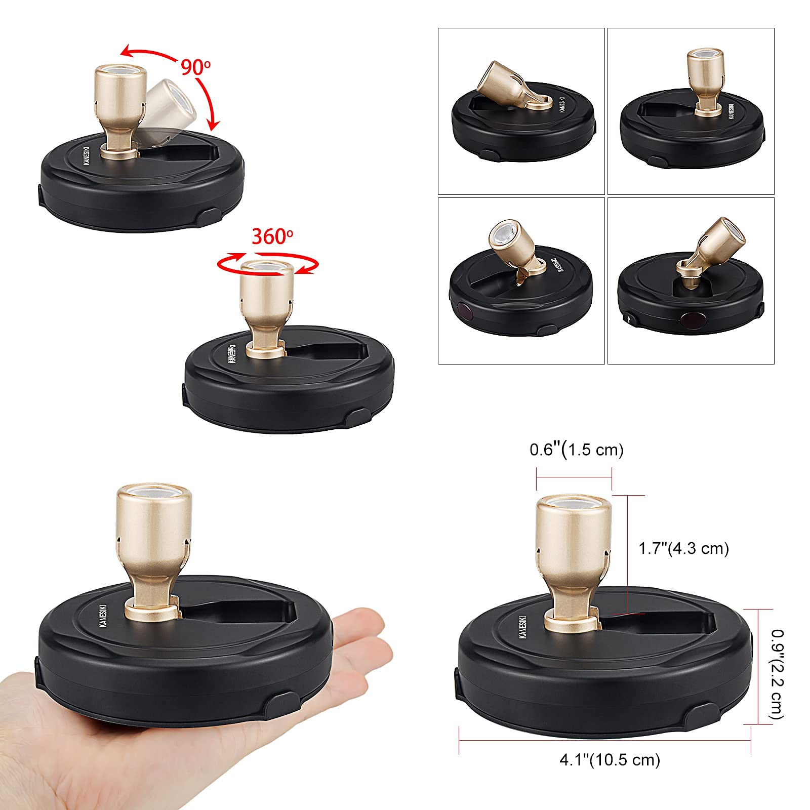 KANESIKI Wireless LED Puck Light - Dimmable Gold Accent Spot Light, 2 Pack, Model SHEDENG-BG-2+2, Ideal for Indoor Display and Uplighting