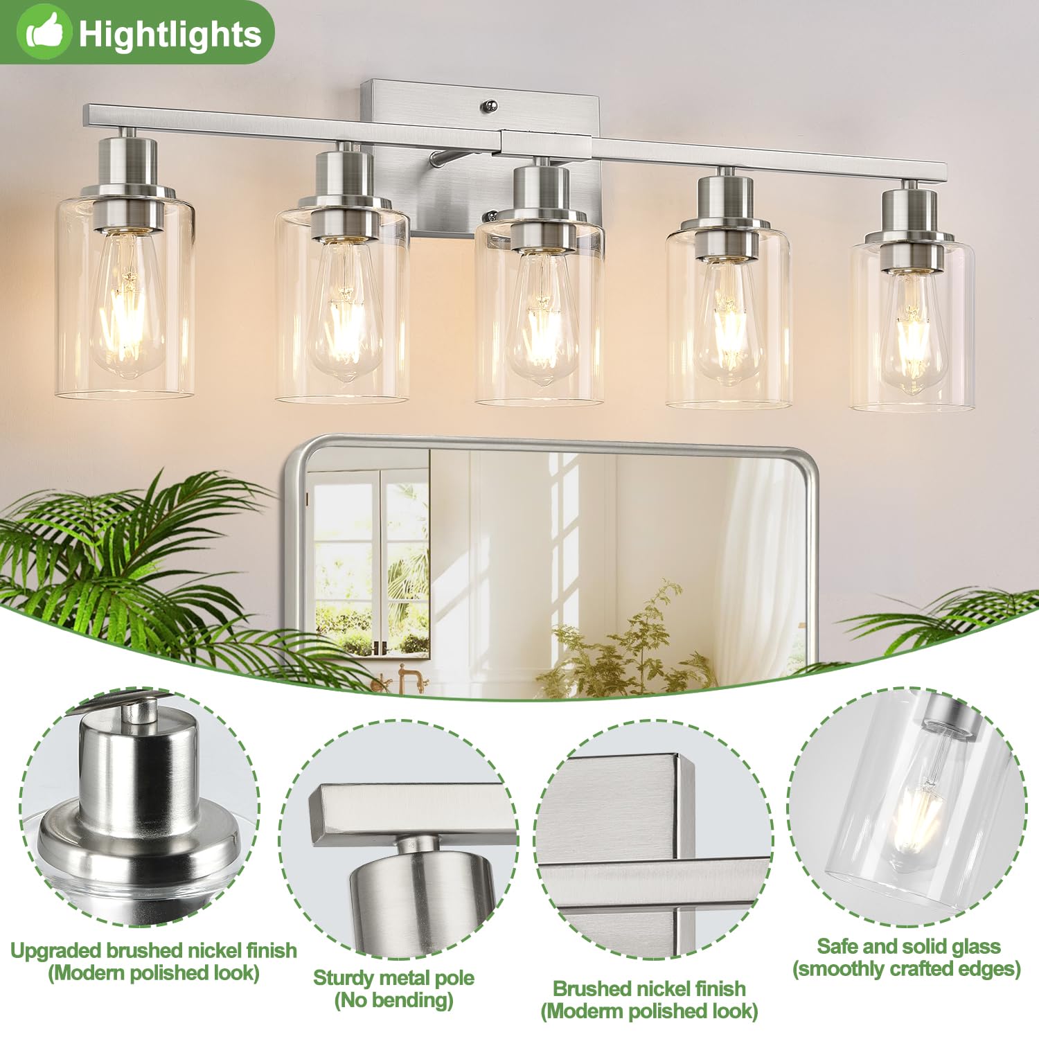 Indoi 5-Light Bathroom Vanity Light, Brushed Nickel with Clear Glass Shades, Model LTW070