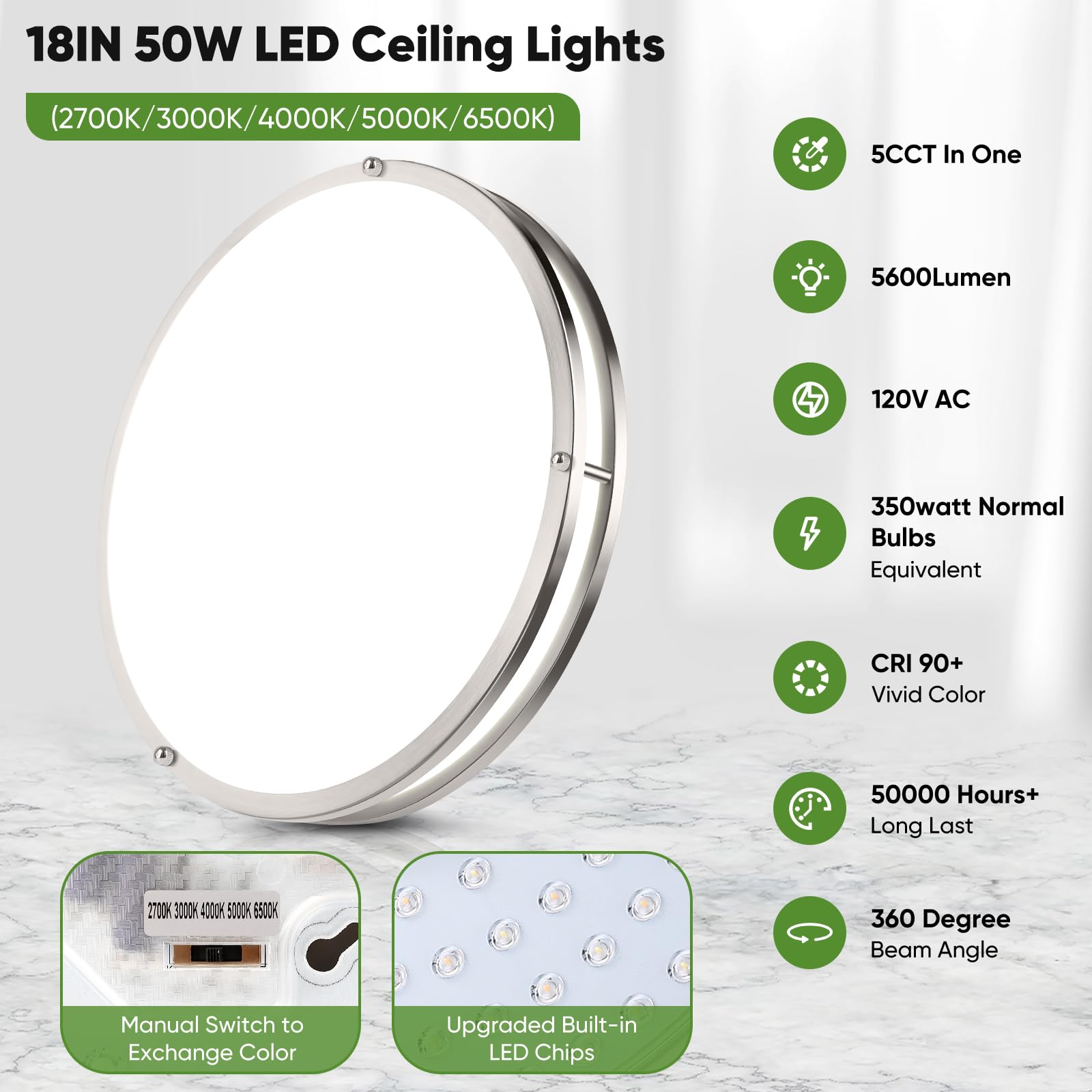 Tobusa 18Inch Led Flush Mount Ceiling Light, 50W 5600Lm Bright Dimmable Led Ceiling Light Fixture, 2700K-6500K Adjusted, Modern