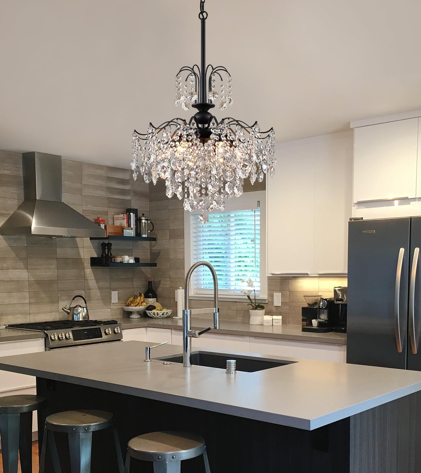 Q&S Crystal Chandelier - Modern Black Pendant Light, 6 Lights, 20IN for Dining Room, UL Listed, Model P2001-6BK