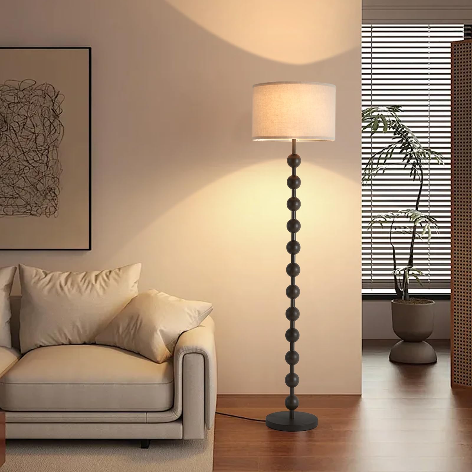 Fetason Modern Dimmable Floor Lamp with Remote Control for Living Room Bedroom, Dark Brown Wood Pattern Tall Standing Lamp Light